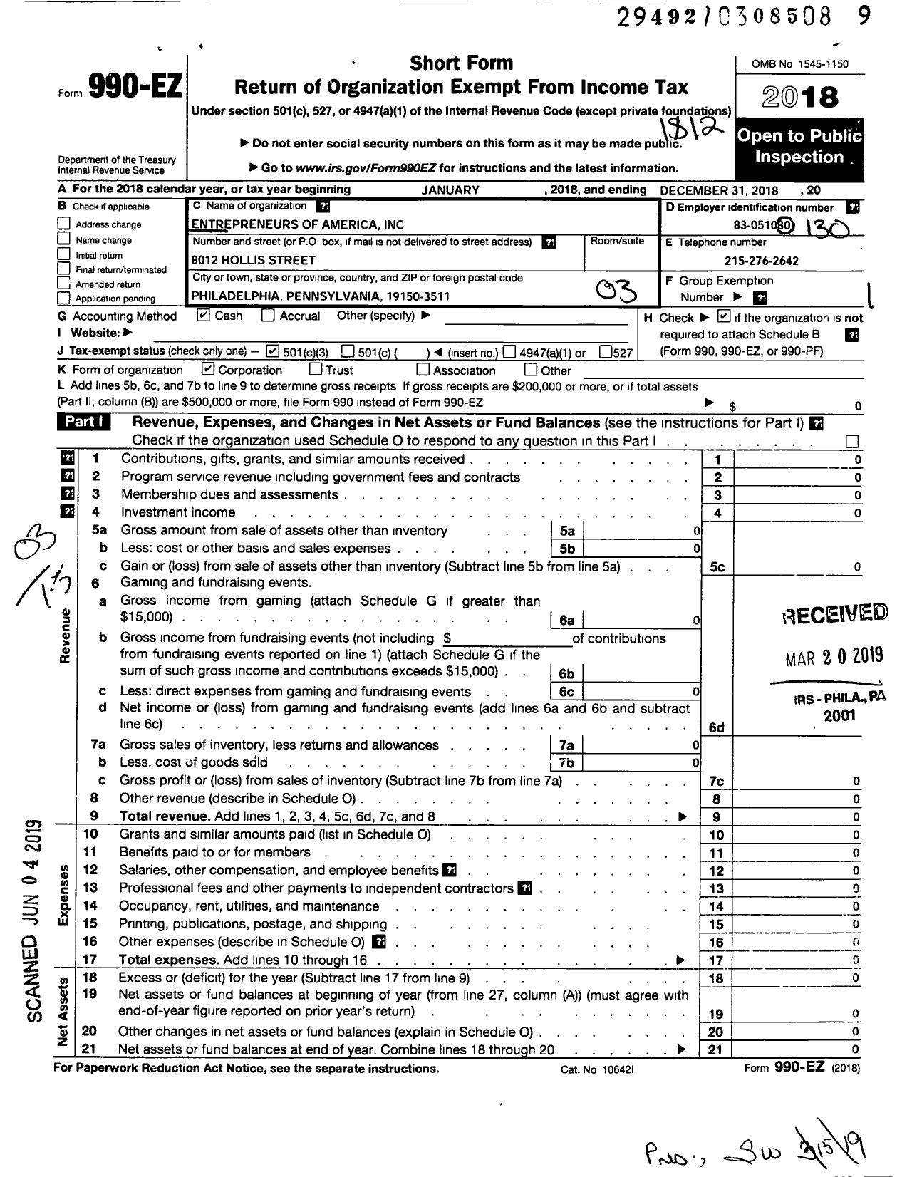 Image of first page of 2018 Form 990EZ for Entrepreneurs of America