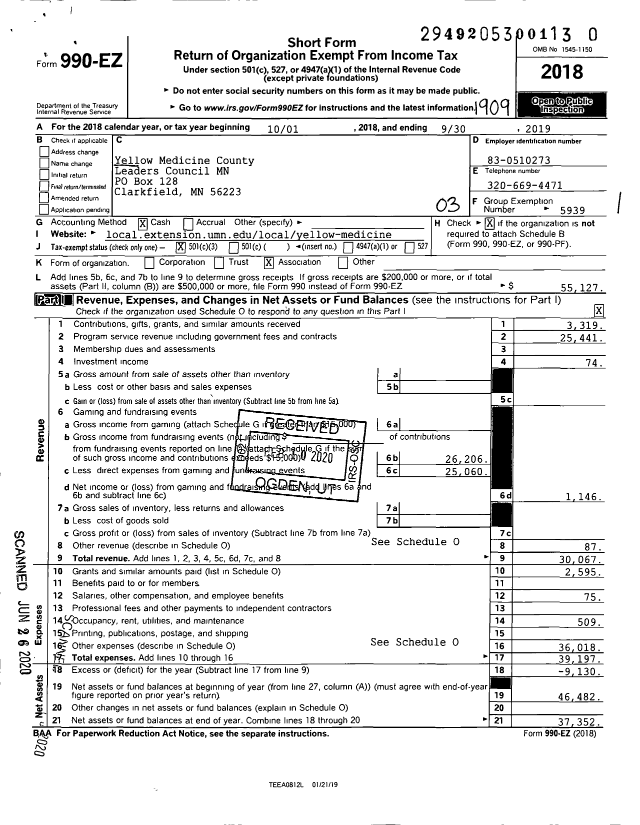 Image of first page of 2018 Form 990EZ for Yellow Medicine County Leaders Council MN