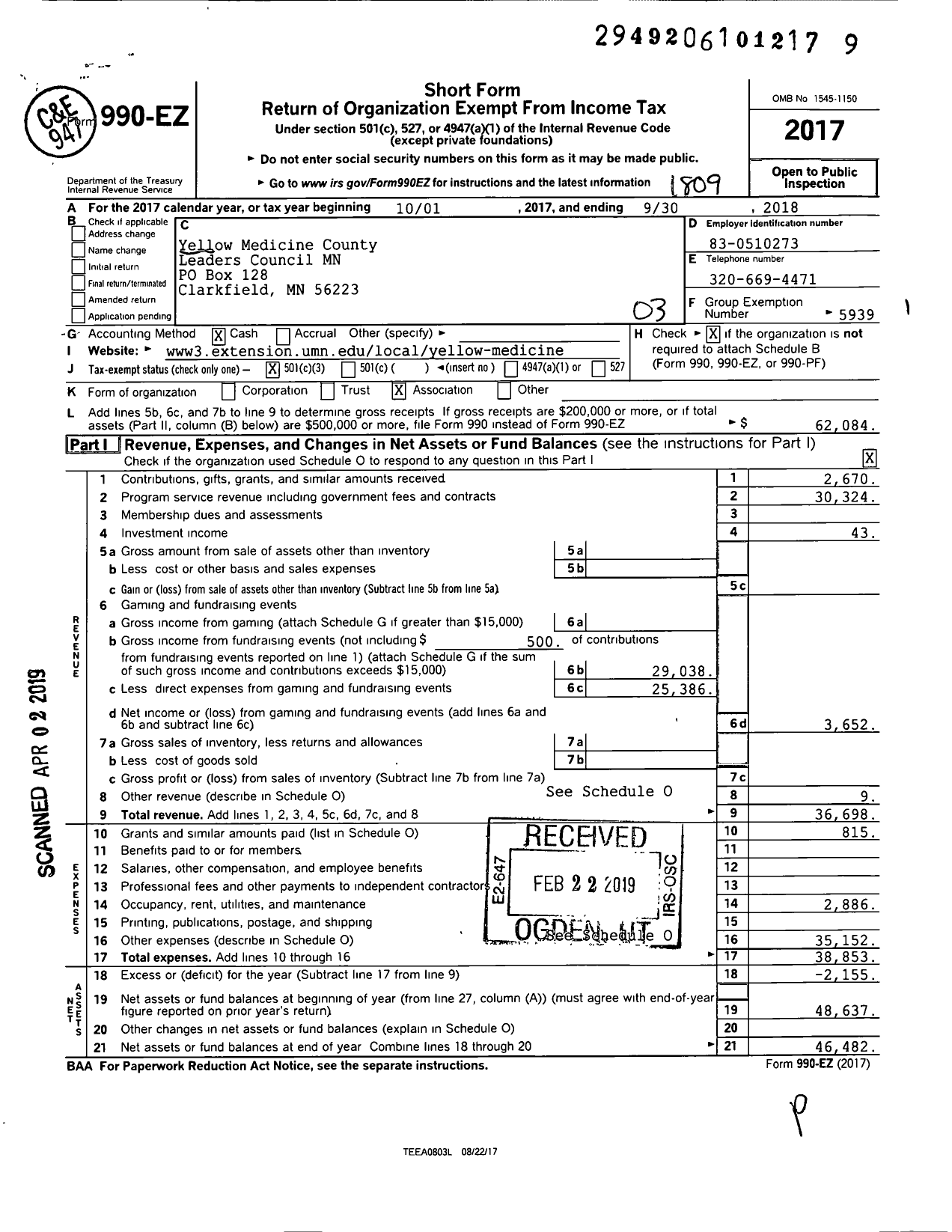 Image of first page of 2017 Form 990EZ for Yellow Medicine County Leaders Council MN