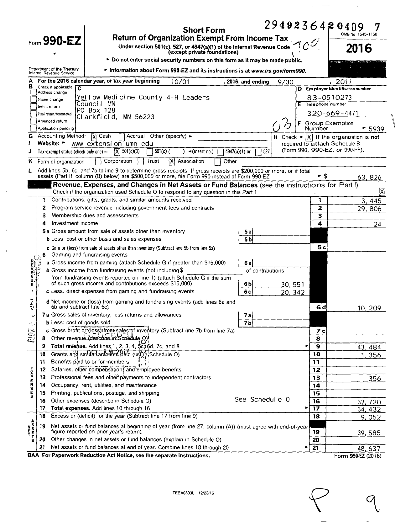 Image of first page of 2016 Form 990EZ for Yellow Medicine County Leaders Council MN