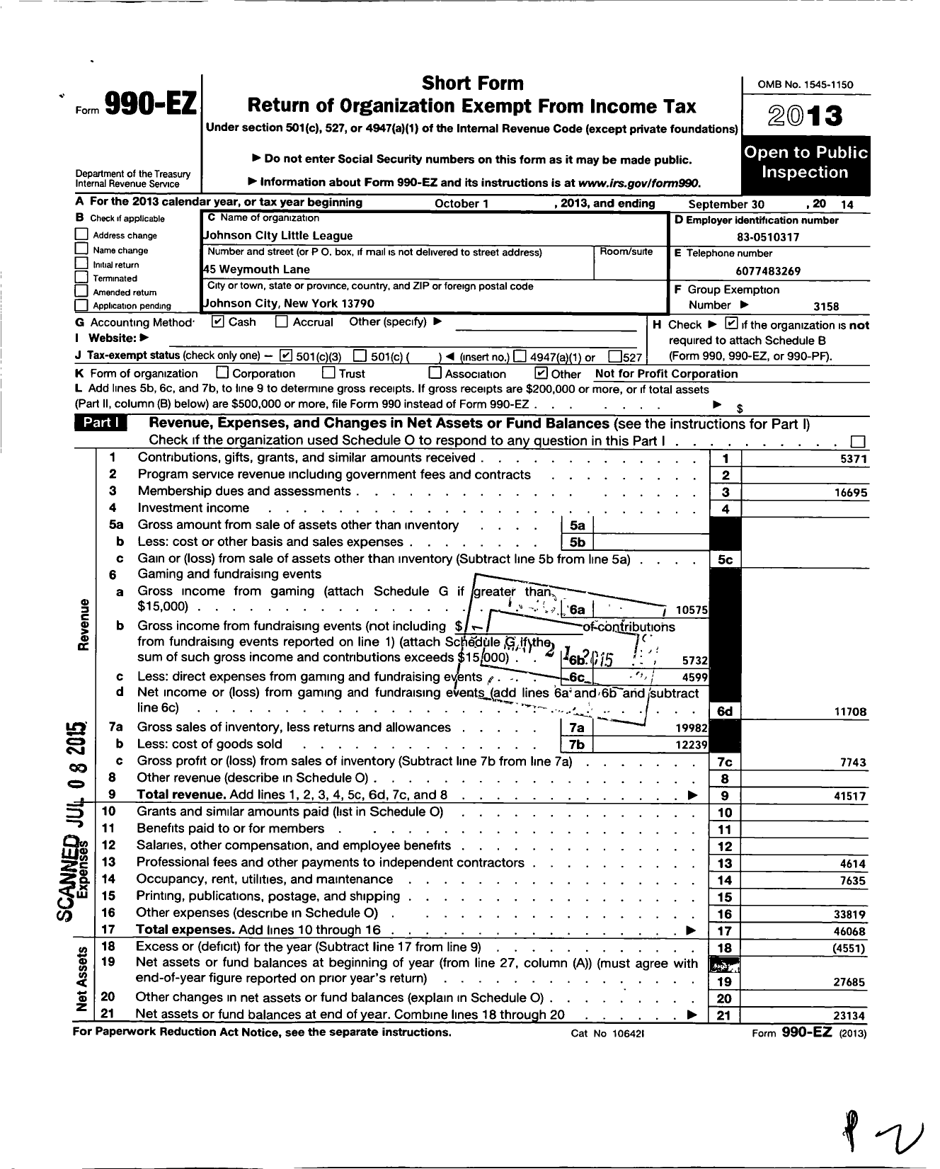 Image of first page of 2013 Form 990EZ for Little League Baseball - 2320704 Johnson City LL