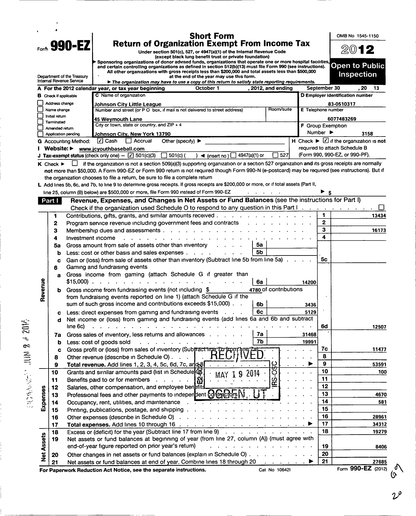 Image of first page of 2012 Form 990EZ for Little League Baseball - 2320704 Johnson City LL