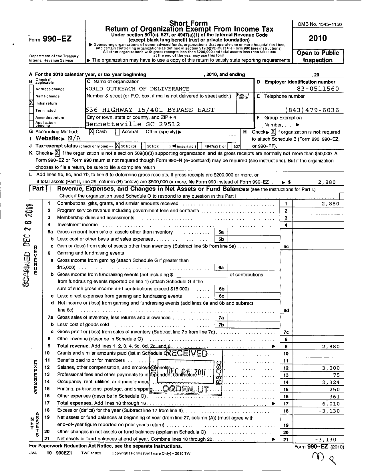 Image of first page of 2010 Form 990EZ for World Outreach Deliverance Ministries
