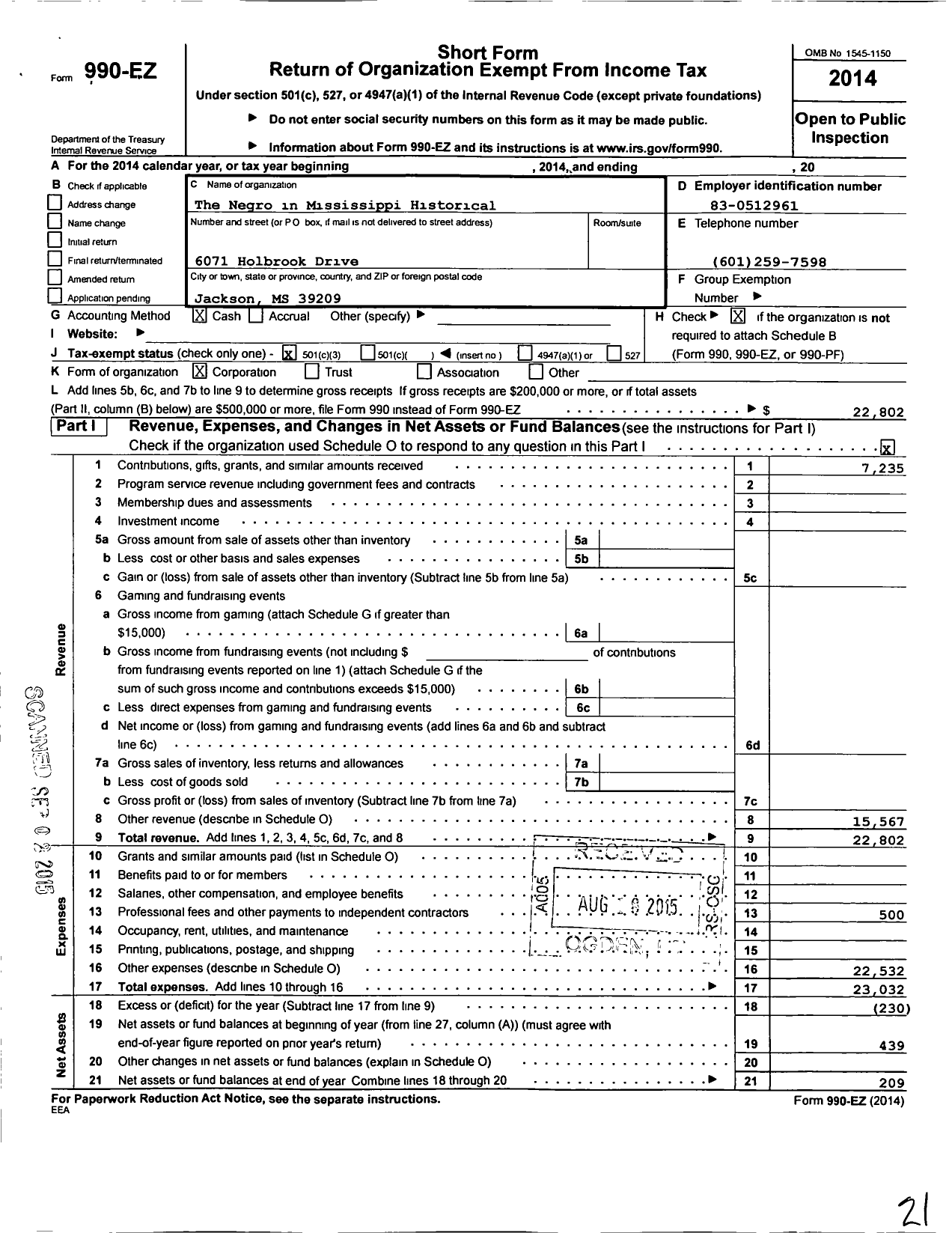 Image of first page of 2014 Form 990EZ for The Negro in Mississippi Historical