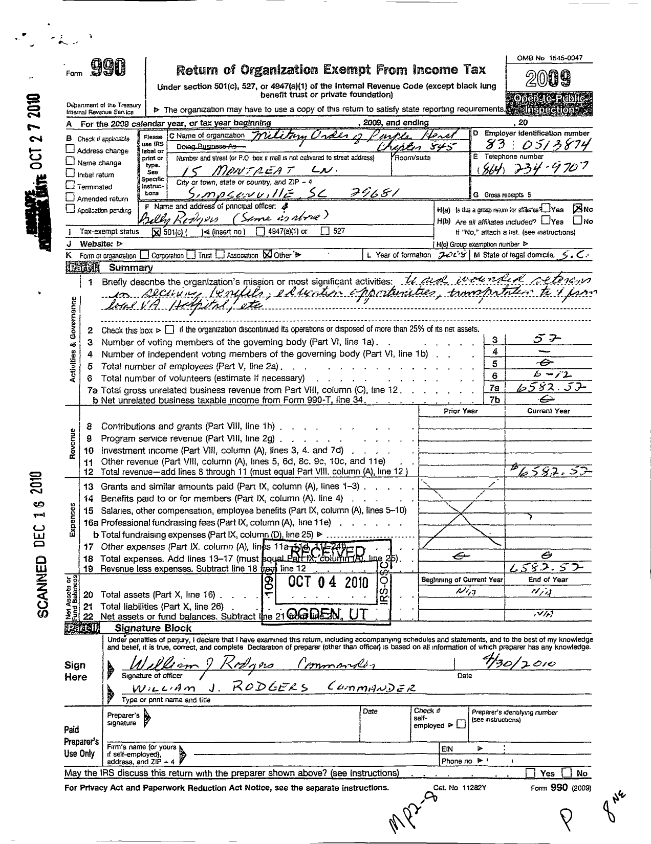 Image of first page of 2009 Form 990O for Military Order of the Purple Heart - 0845 Chapter