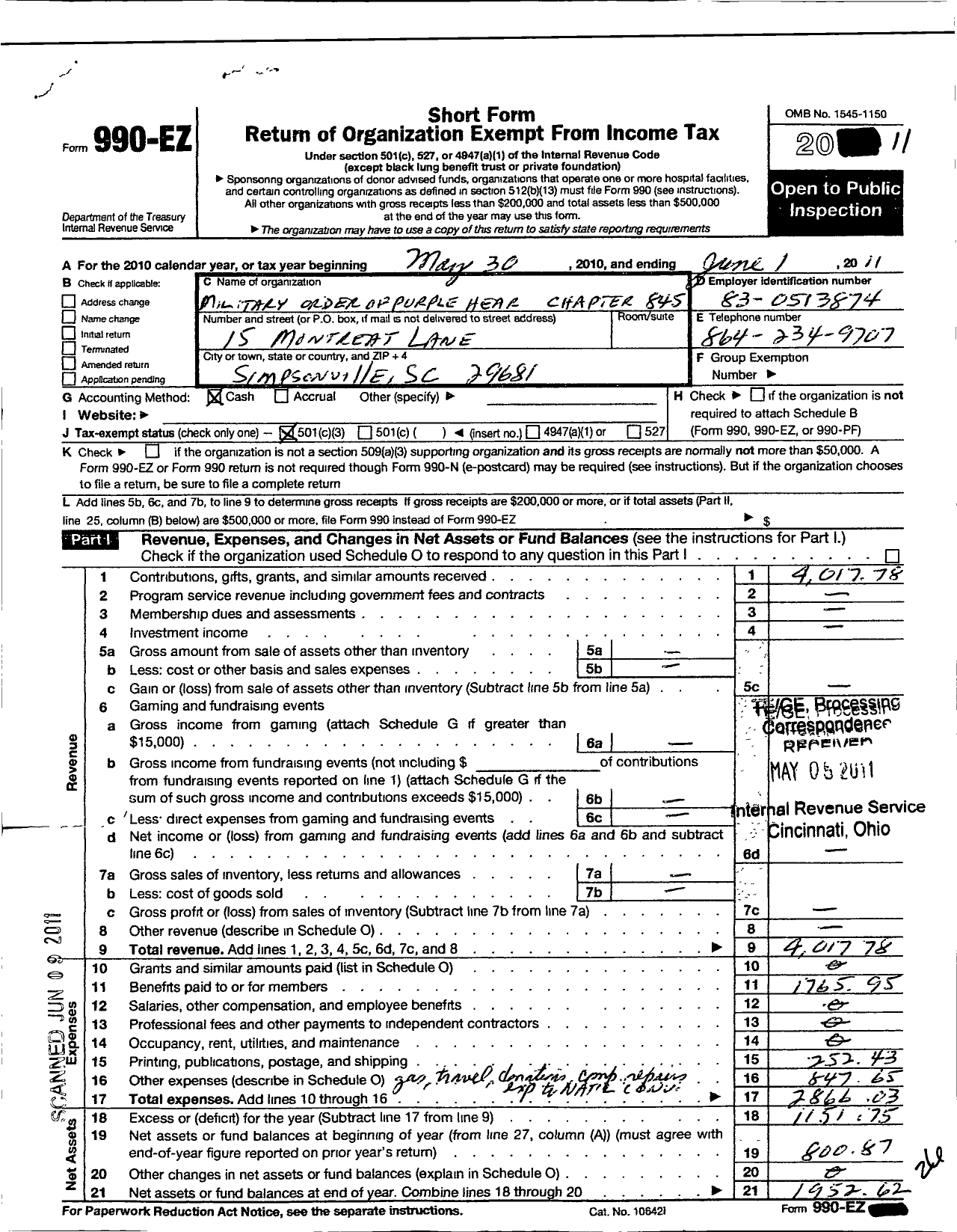 Image of first page of 2010 Form 990EZ for Military Order of the Purple Heart - 0845 Chapter