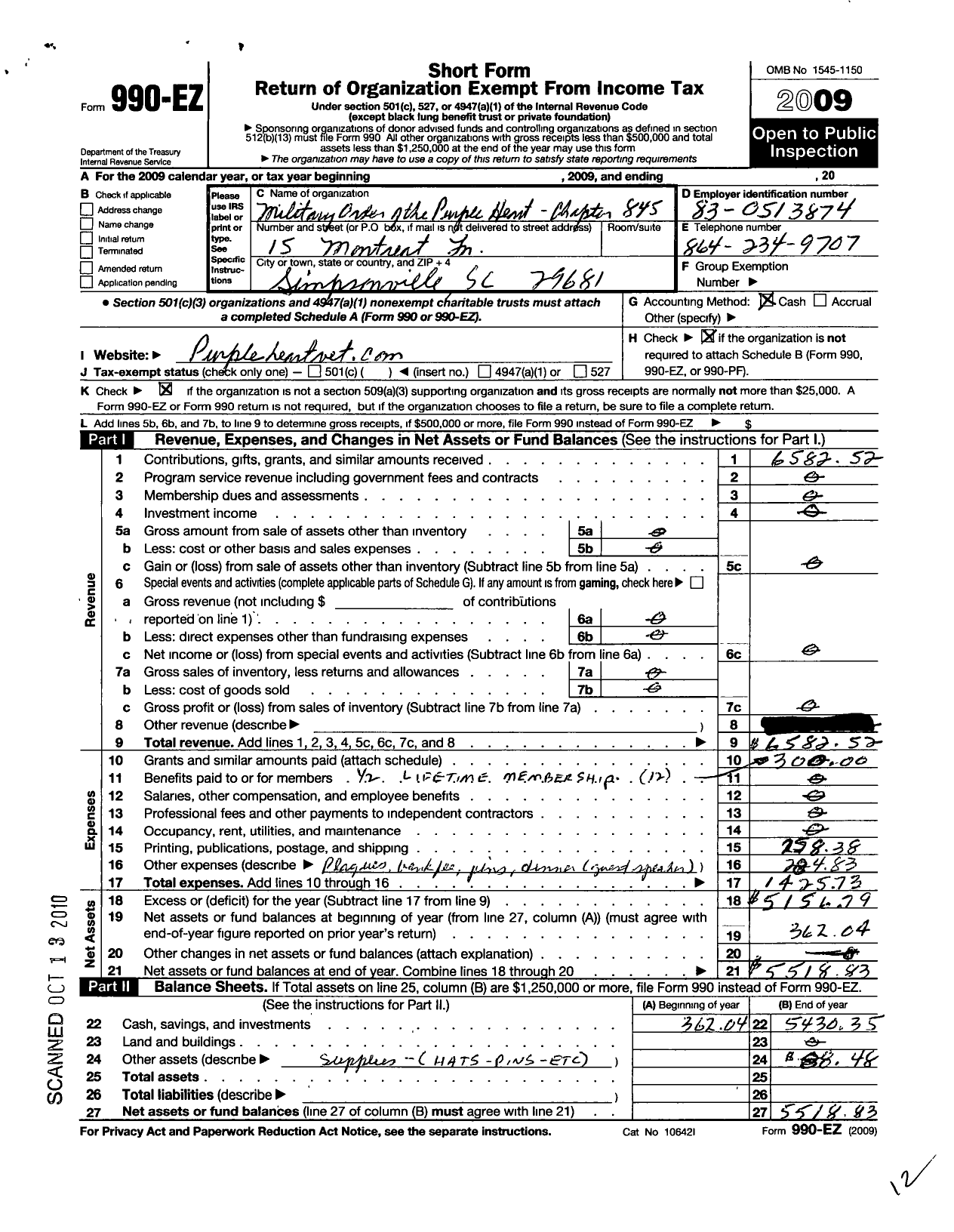 Image of first page of 2009 Form 990EO for Military Order of the Purple Heart - 0845 Chapter