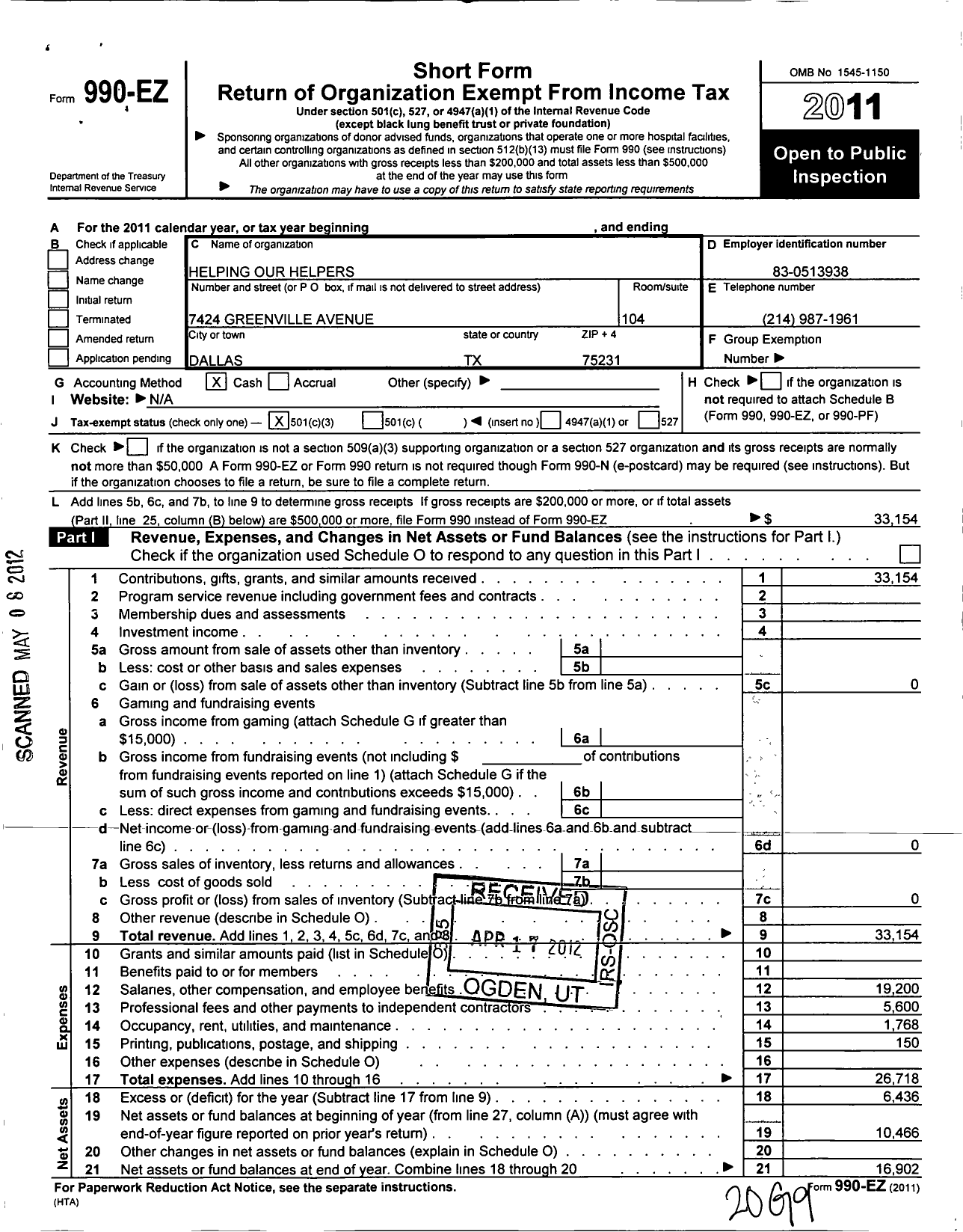 Image of first page of 2011 Form 990EZ for Helping Our Helpers