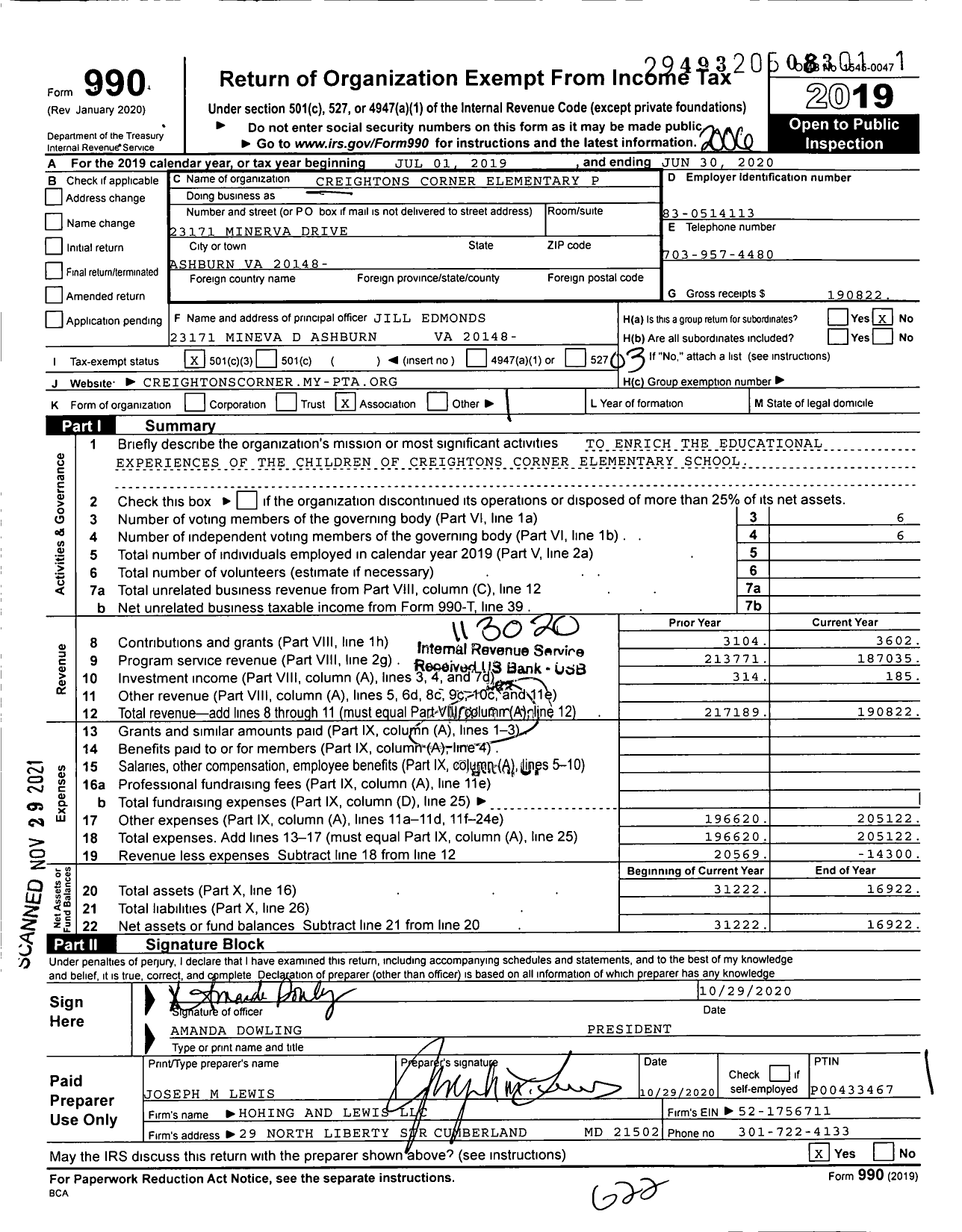 Image of first page of 2019 Form 990 for Virginia PTA - Creightons Corner Elementary School