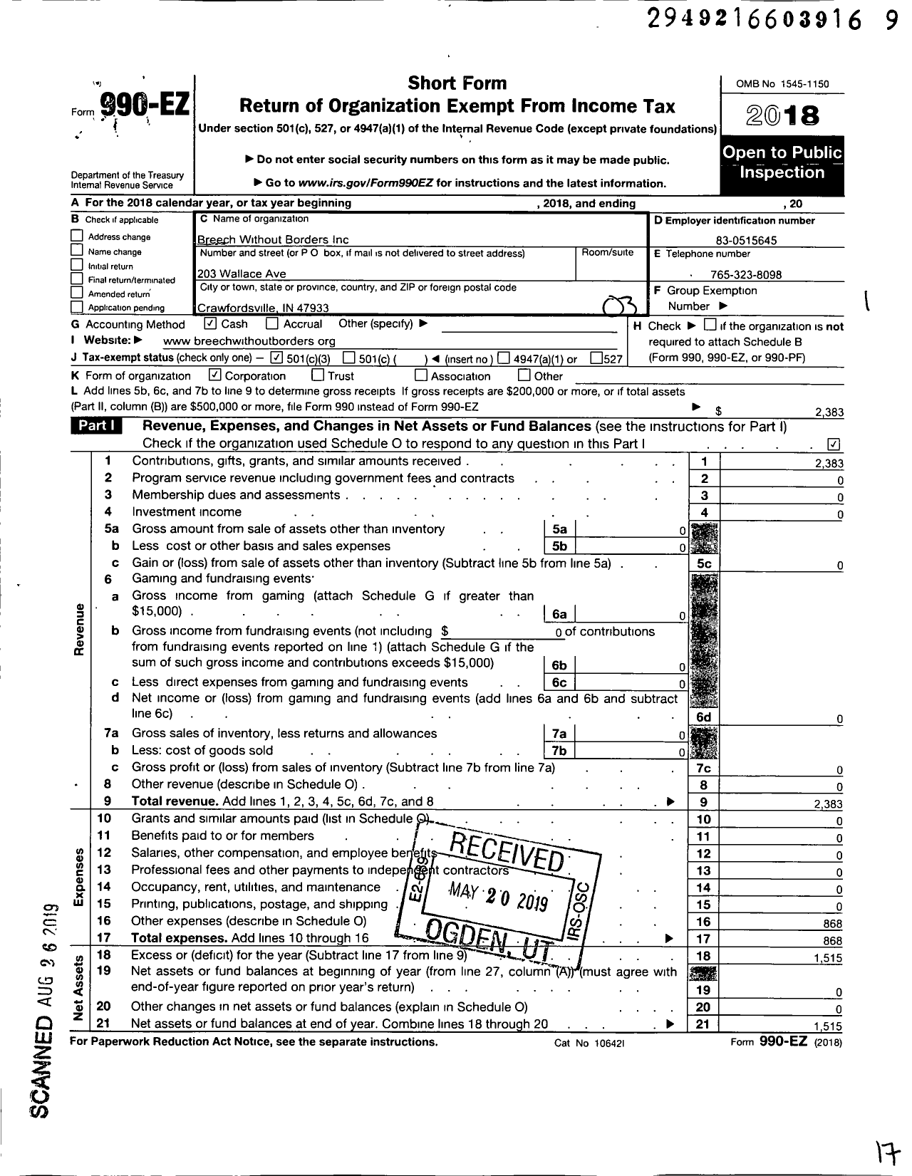 Image of first page of 2018 Form 990EZ for Breech Without Borders