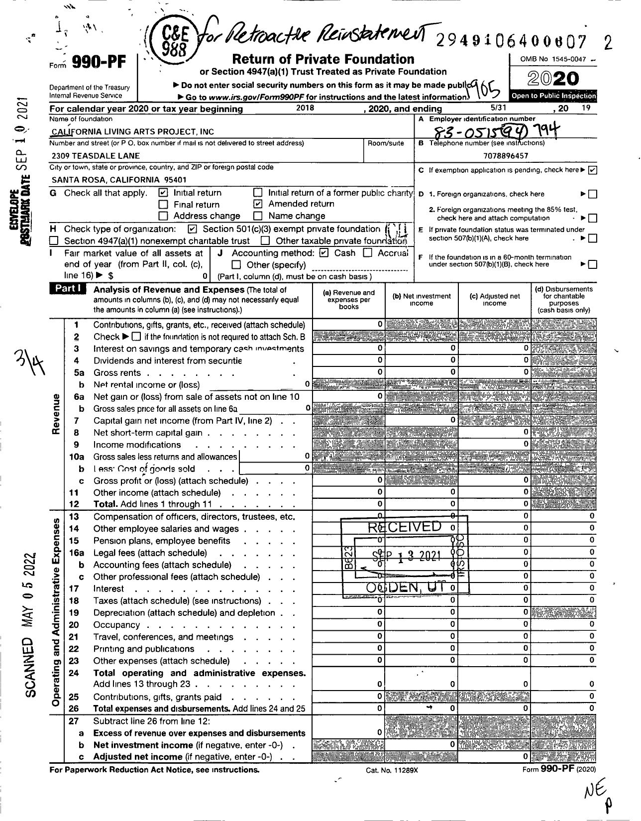 Image of first page of 2018 Form 990PF for California Living Arts Project