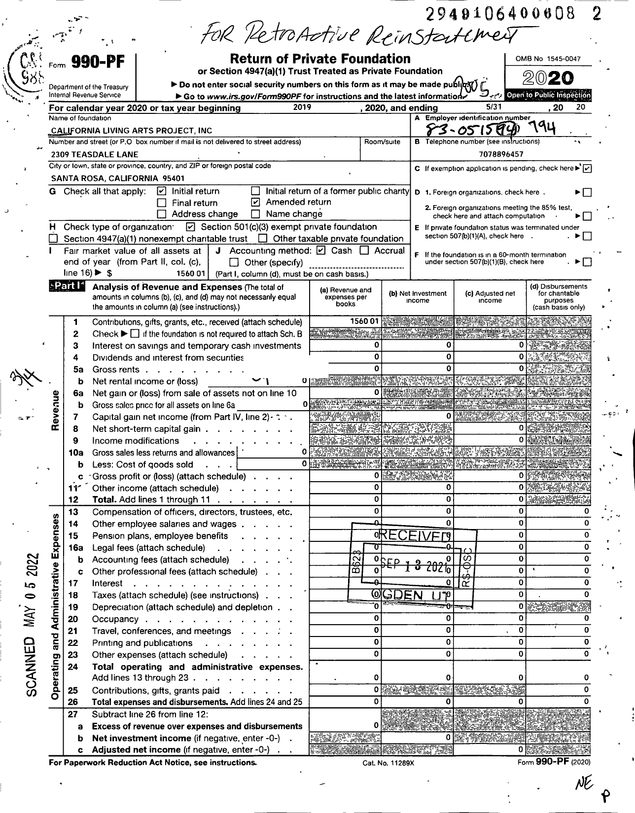 Image of first page of 2019 Form 990PF for California Living Arts Project