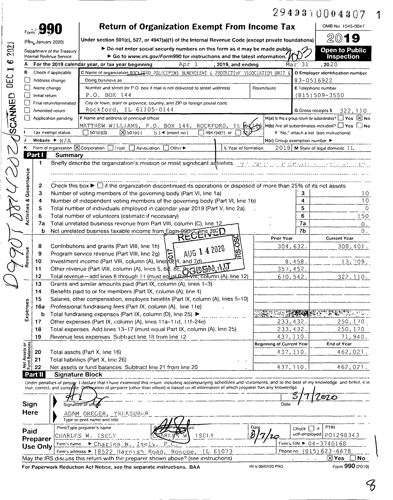 Image of first page of 2019 Form 990O for Rockford Policemens Benevolent and Protective Association Unit 6