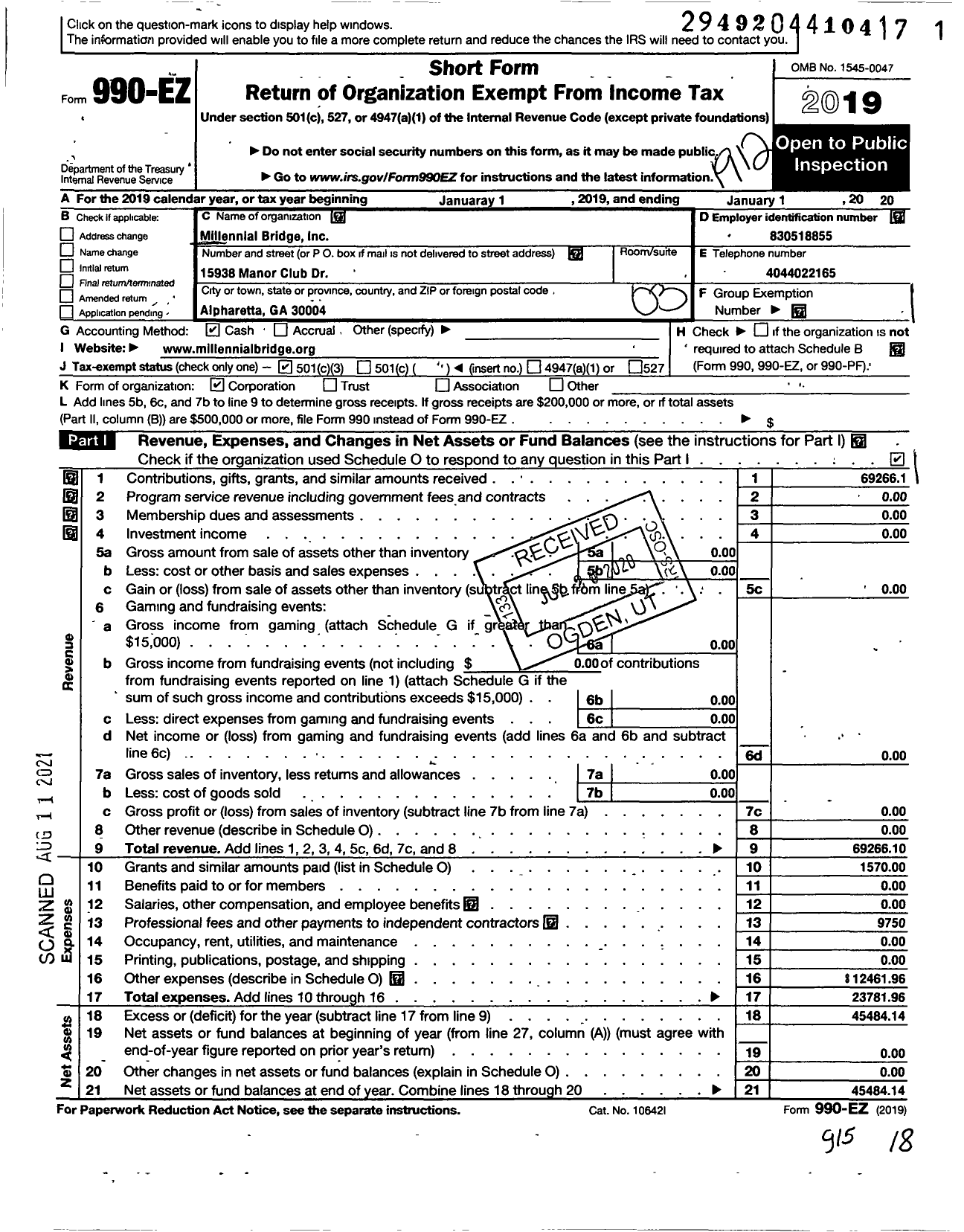 Image of first page of 2019 Form 990EZ for Millennial Bridge