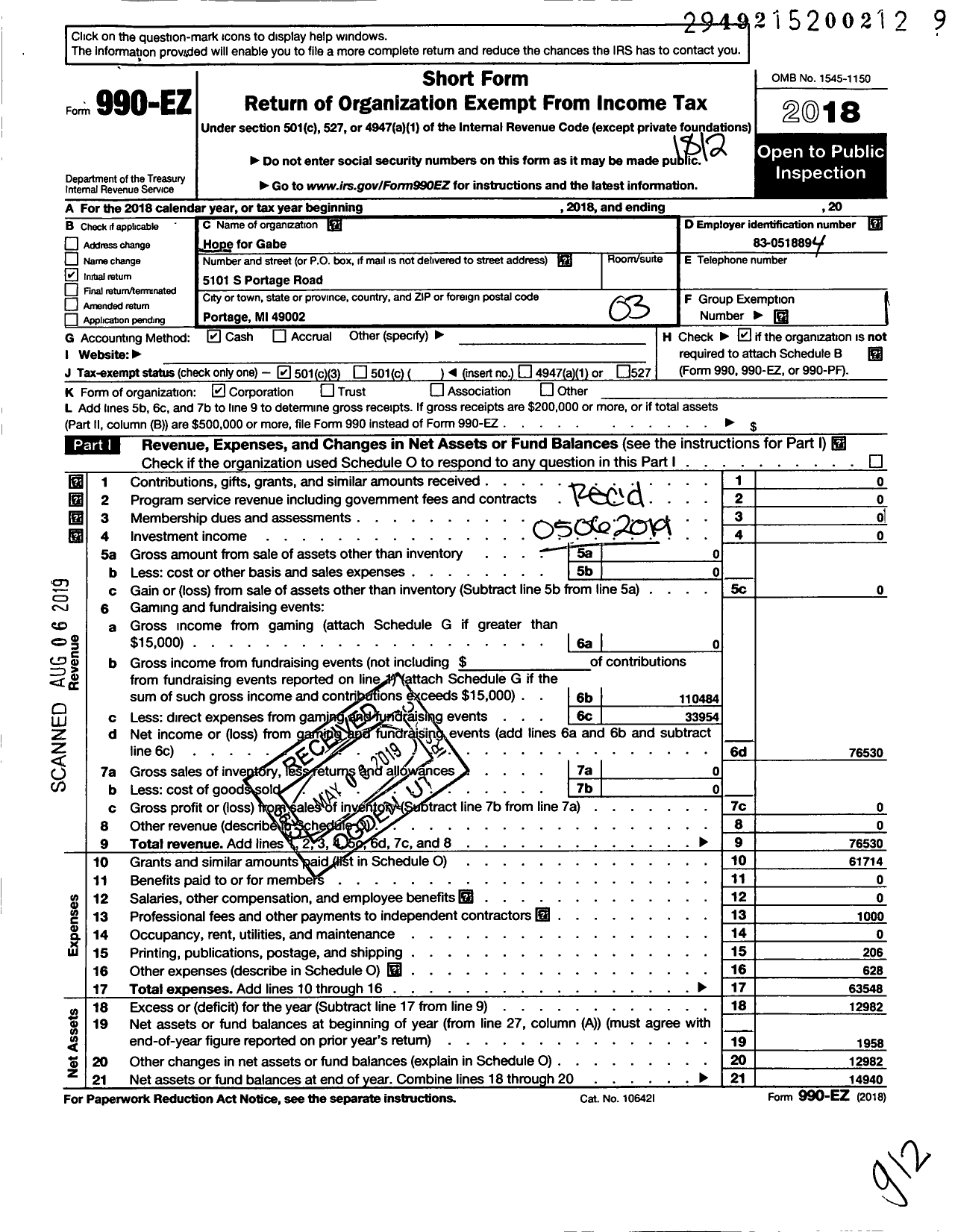 Image of first page of 2018 Form 990EZ for Hope for Gabe