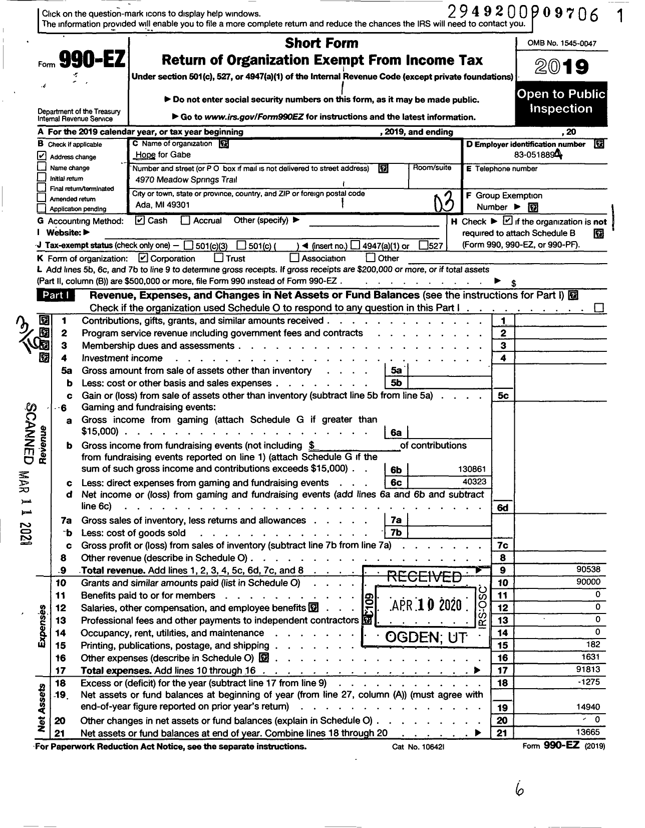 Image of first page of 2019 Form 990EZ for Hope for Gabe