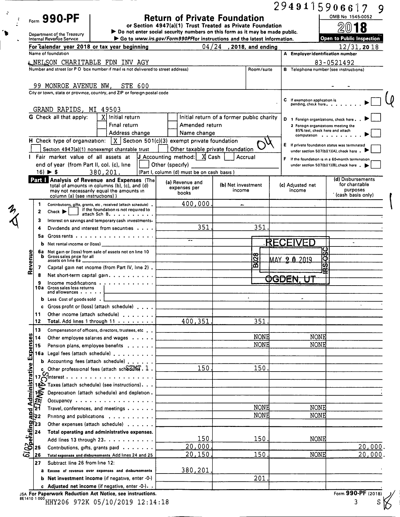 Image of first page of 2018 Form 990PF for A Verner Nelson and H Elizabeth Nelson Foundation