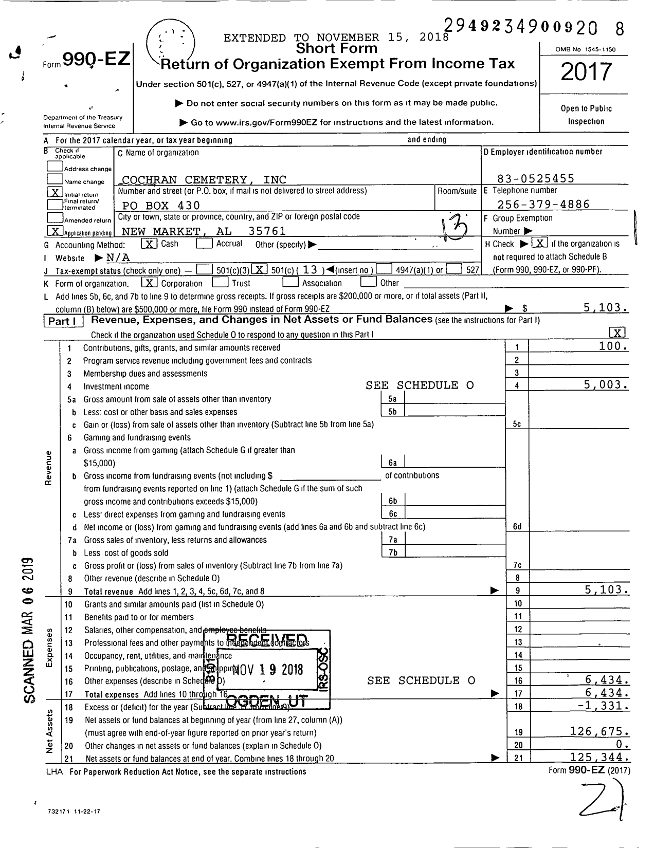 Image of first page of 2017 Form 990EO for Cochran Cemetary