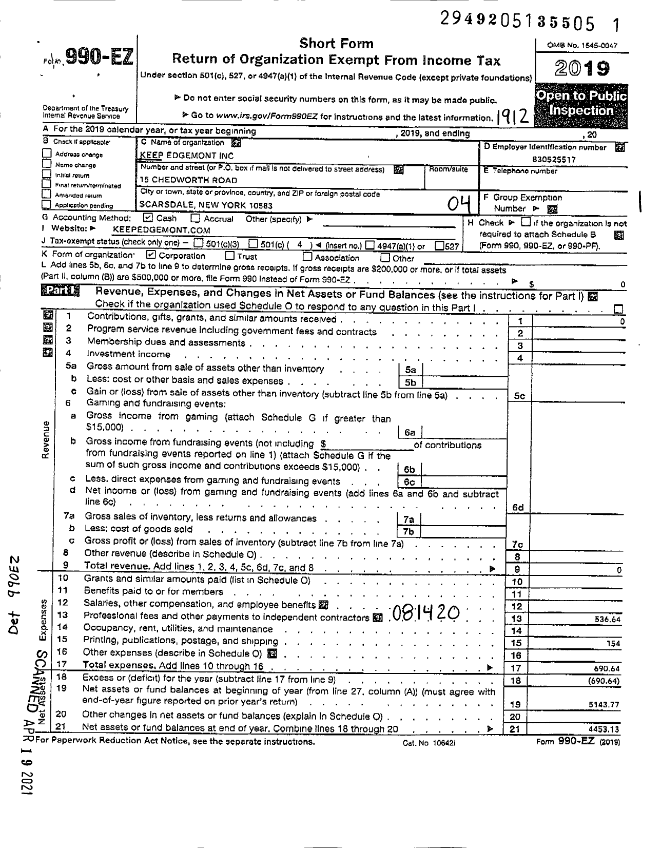 Image of first page of 2019 Form 990EO for Keep Edgemont