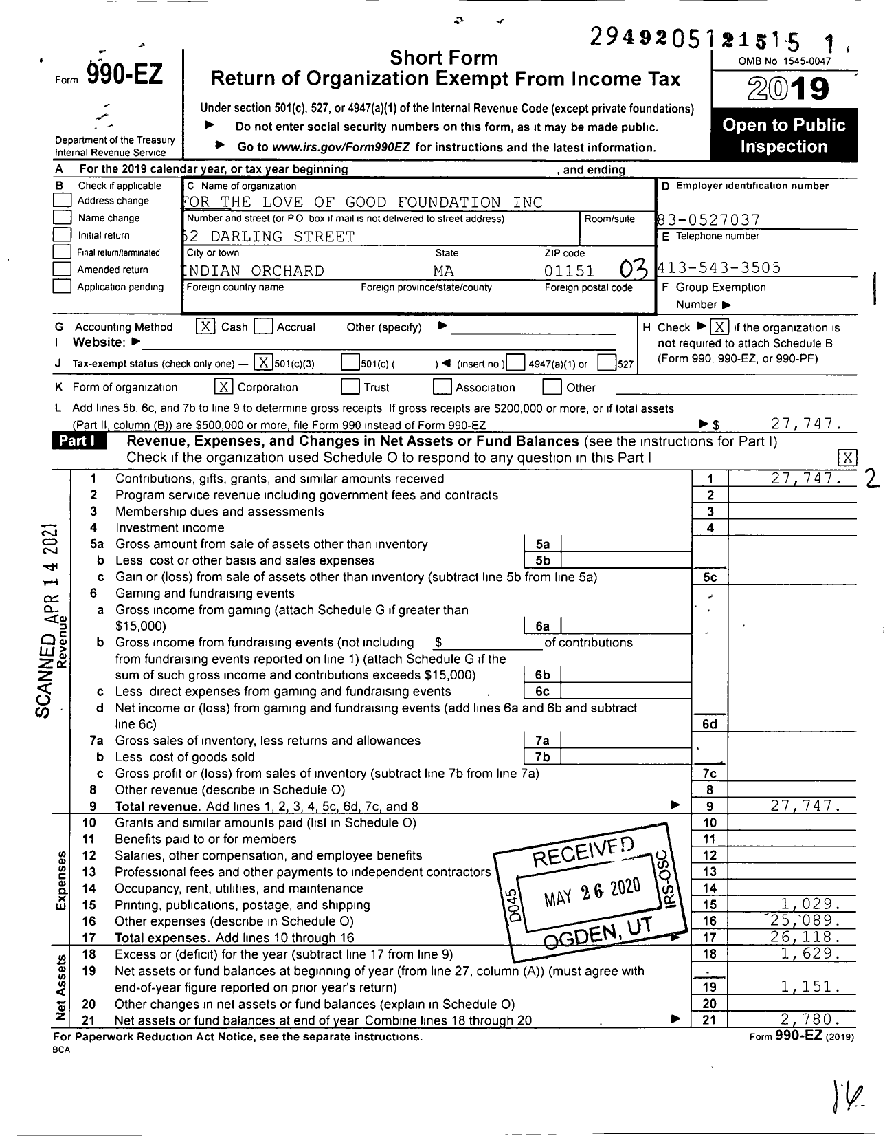 Image of first page of 2019 Form 990EZ for For the Love of Good Foundation