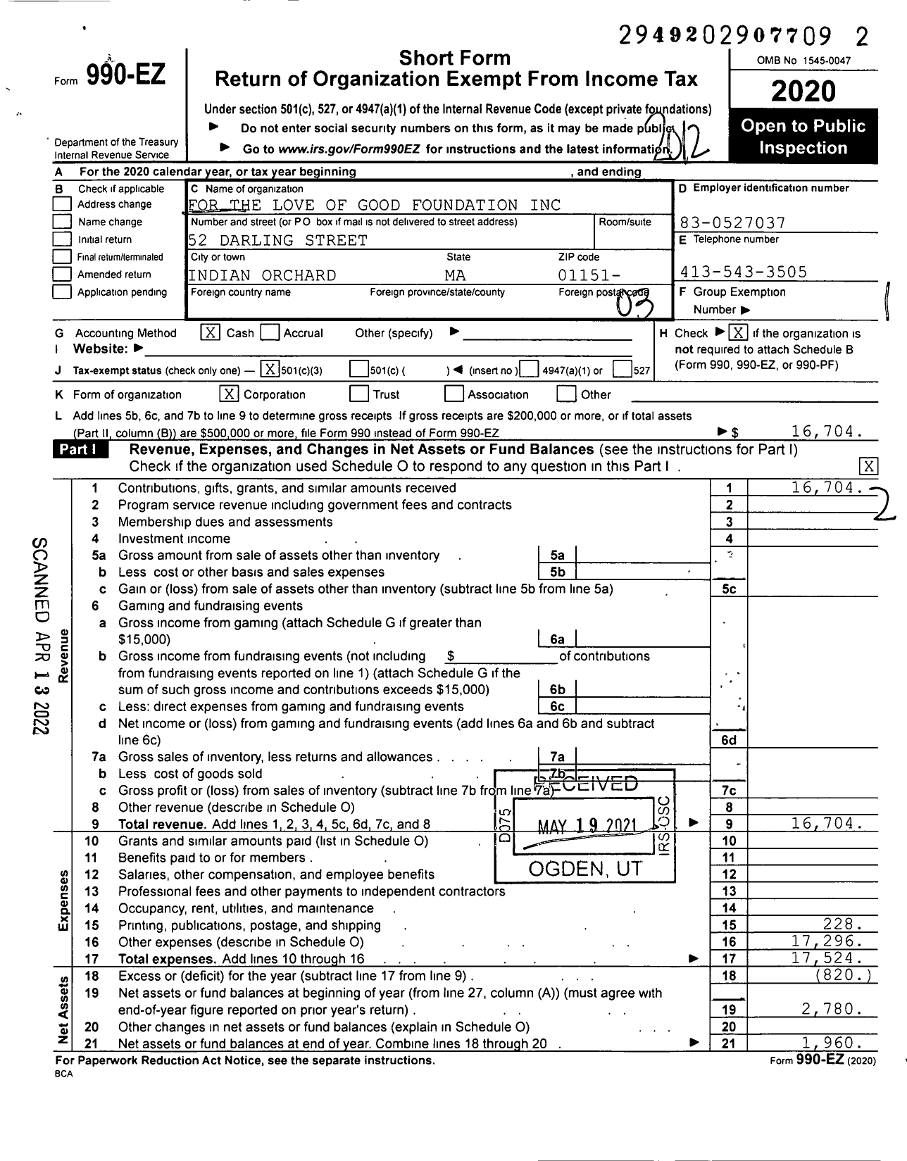 Image of first page of 2020 Form 990EZ for For the Love of Good Foundation