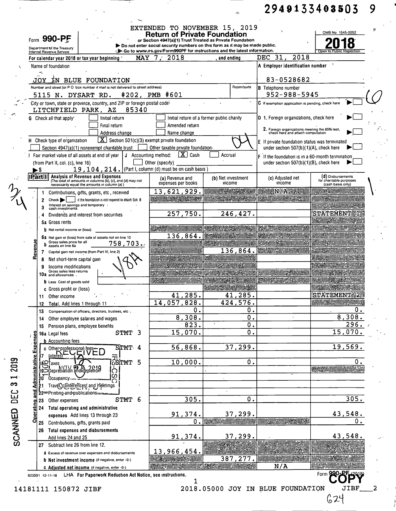 Image of first page of 2018 Form 990PF for Joy in Blue Foundation