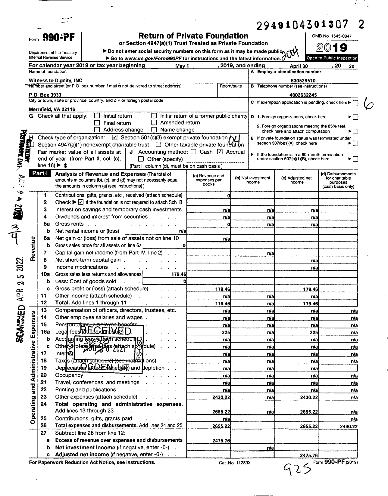 Image of first page of 2019 Form 990PF for Witness To Dignity