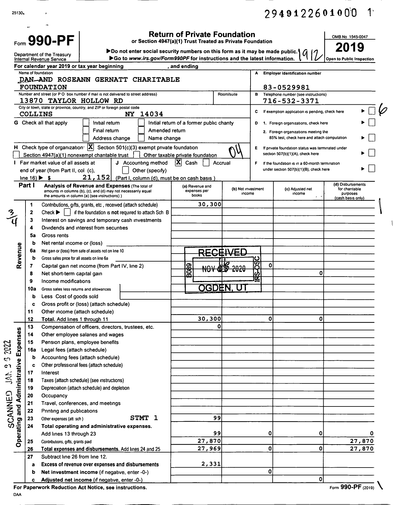 Image of first page of 2019 Form 990PF for Dan and Roseann Gernatt Charitable Foundation