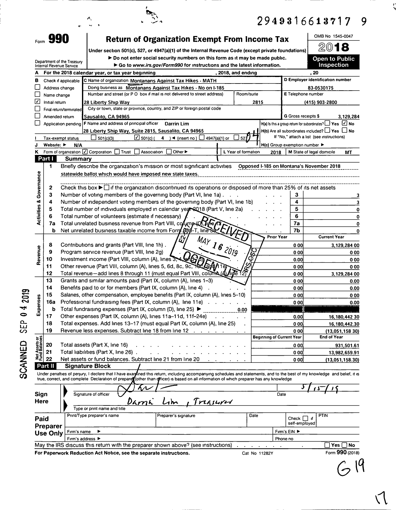 Image of first page of 2018 Form 990O for Montanans Against Tax Hikes