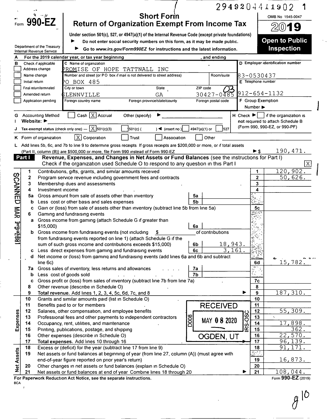 Image of first page of 2019 Form 990EZ for Promise of Hope Tattnall