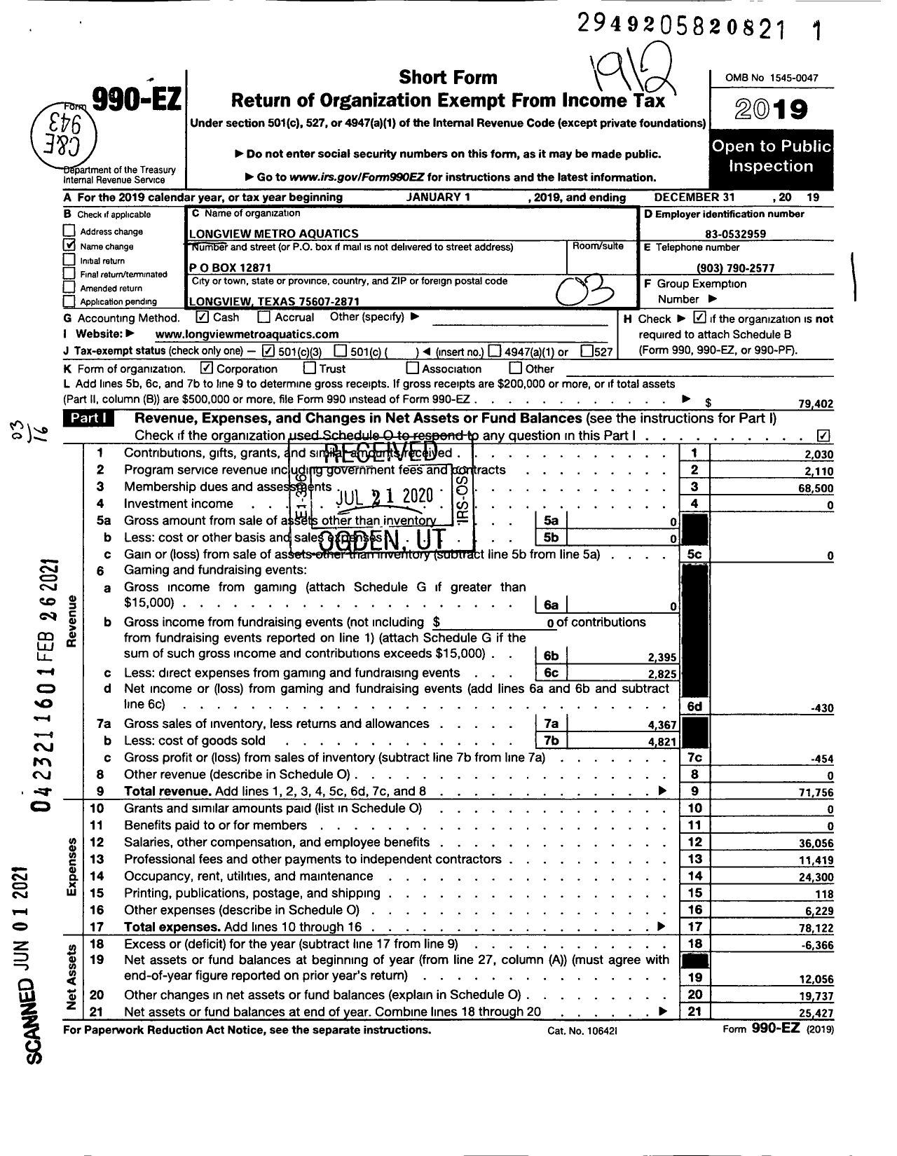 Image of first page of 2019 Form 990EZ for Longview Metro Aquatics