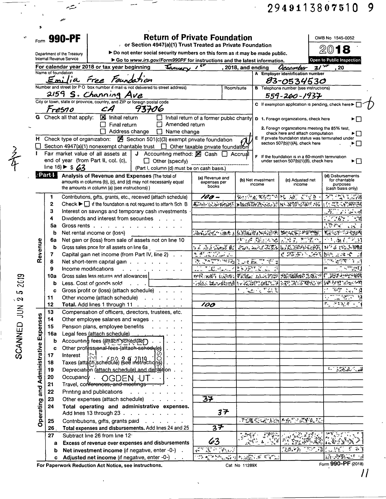 Image of first page of 2018 Form 990PF for Emilia Free Foundation