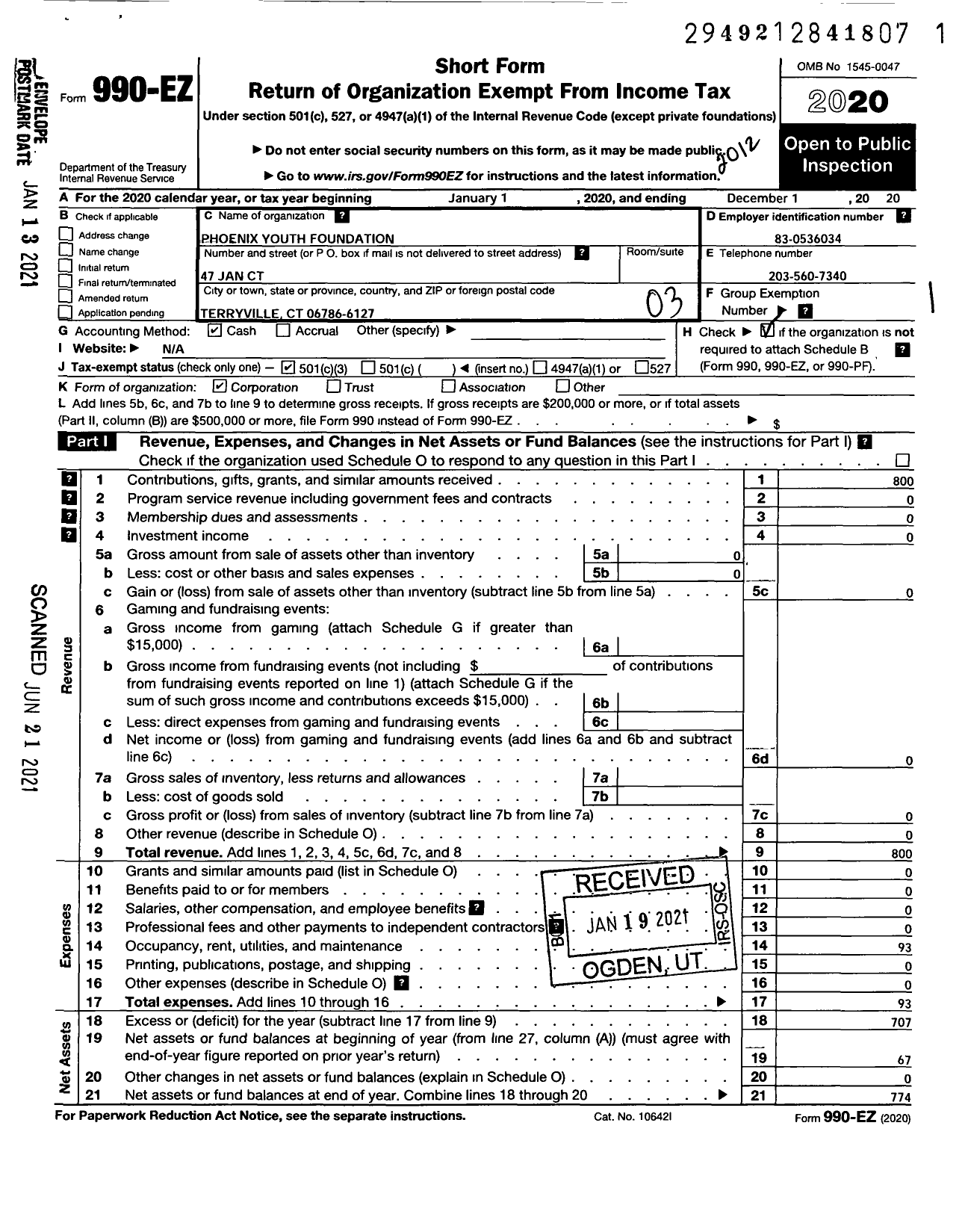 Image of first page of 2020 Form 990EZ for Phoenix Youth Foundation