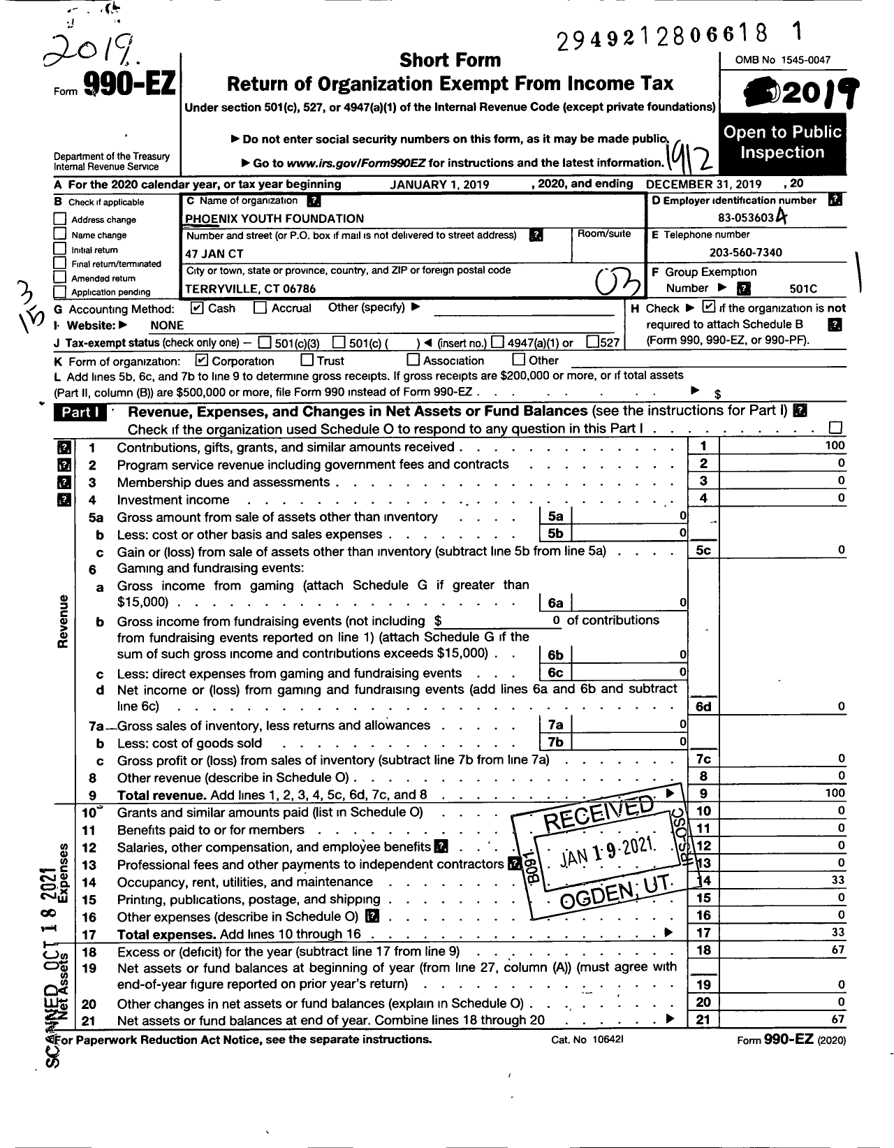 Image of first page of 2019 Form 990EZ for Phoenix Youth Foundation