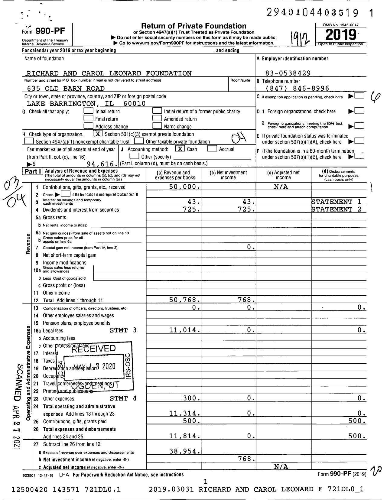 Image of first page of 2019 Form 990PF for Richard and Carol Leonard Foundation