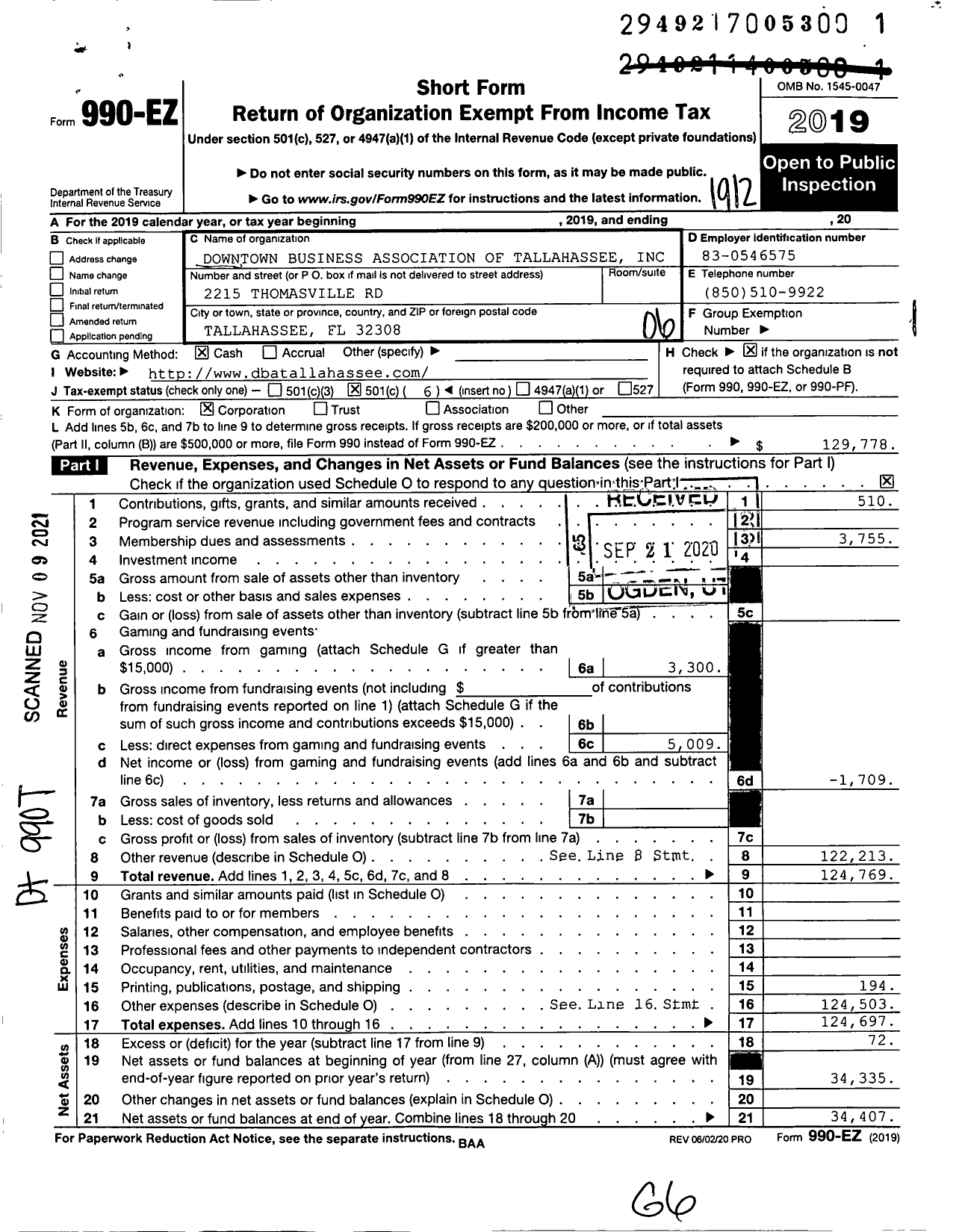 Image of first page of 2019 Form 990EO for Downtown Business Association of Tallahassee