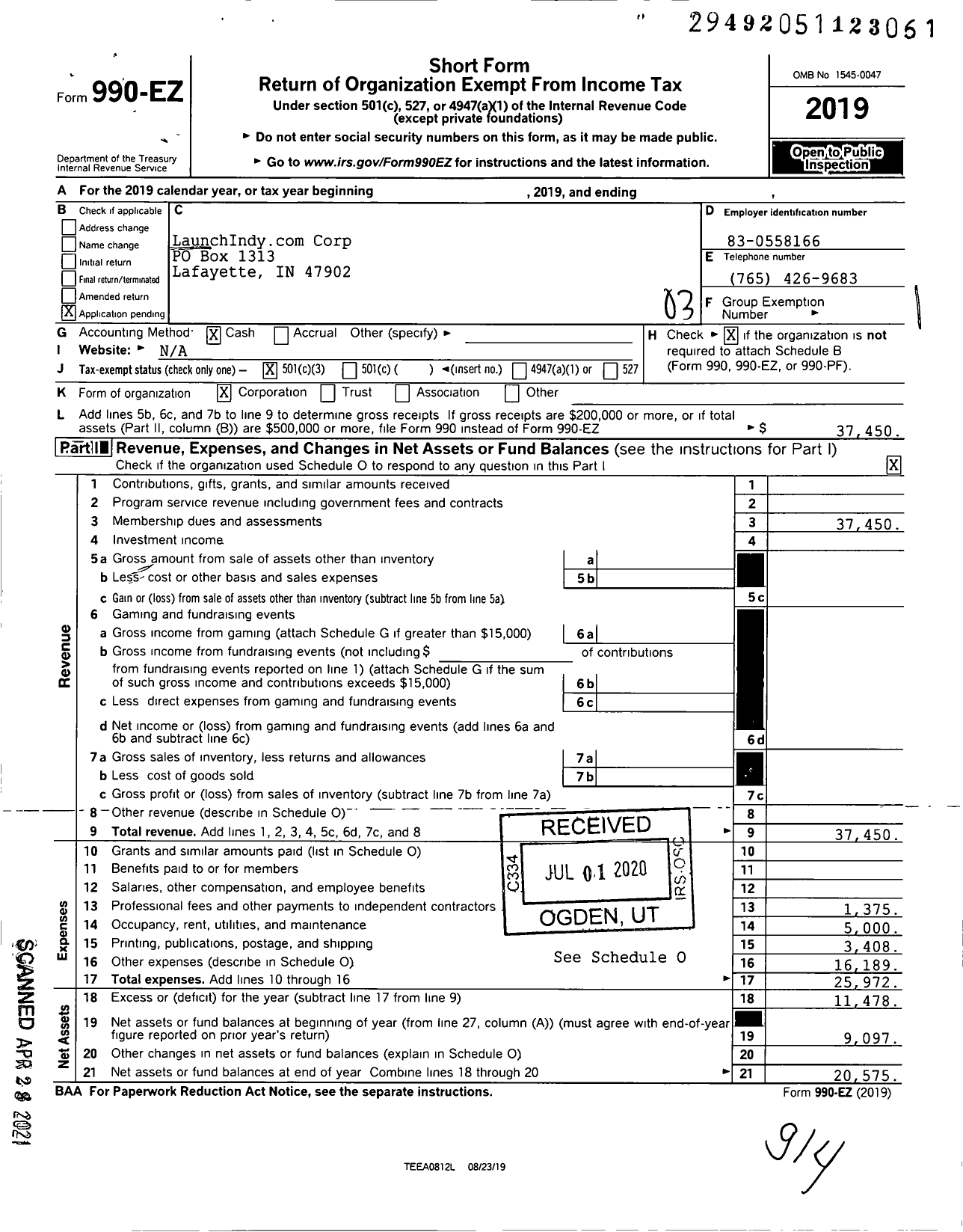 Image of first page of 2019 Form 990EZ for LaunchIndycom Corp