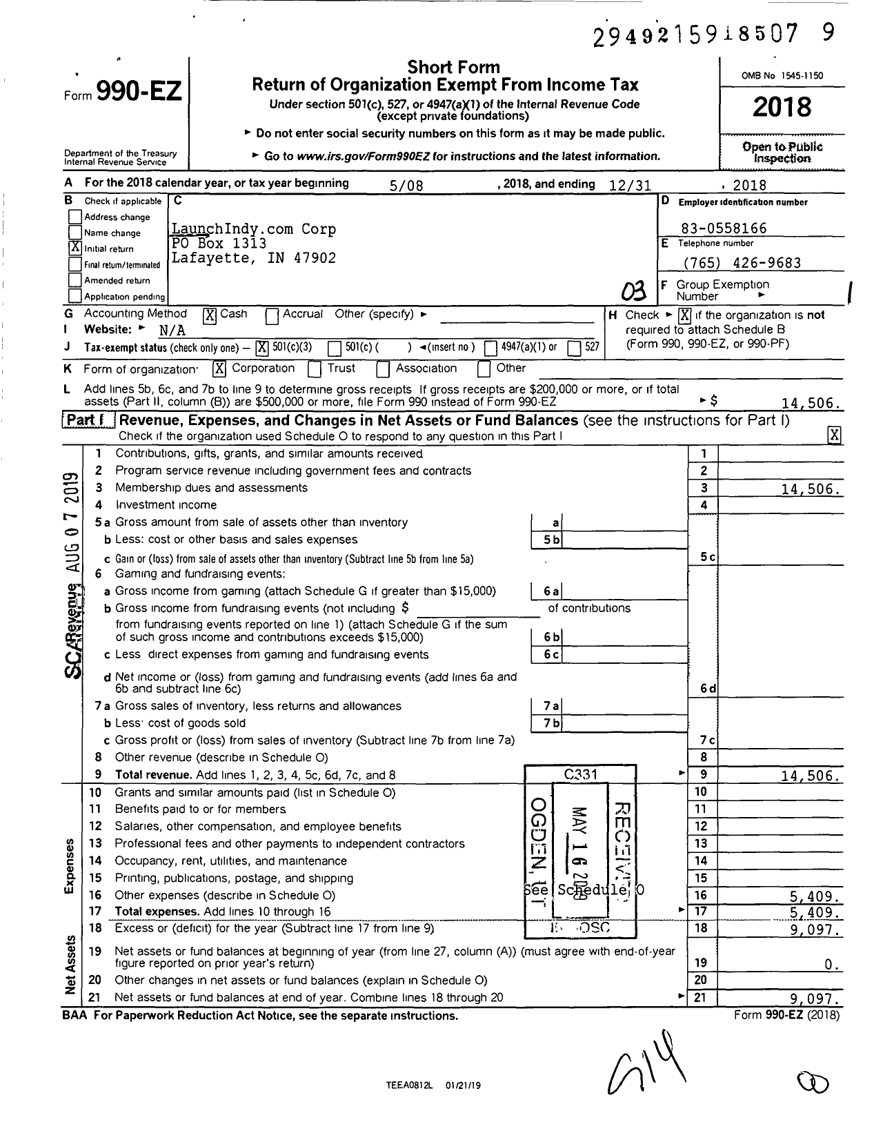 Image of first page of 2018 Form 990EZ for LaunchIndycom Corp