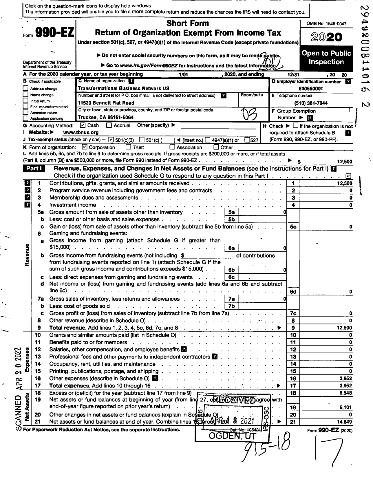 Image of first page of 2020 Form 990EZ for Transformational Business Network Us