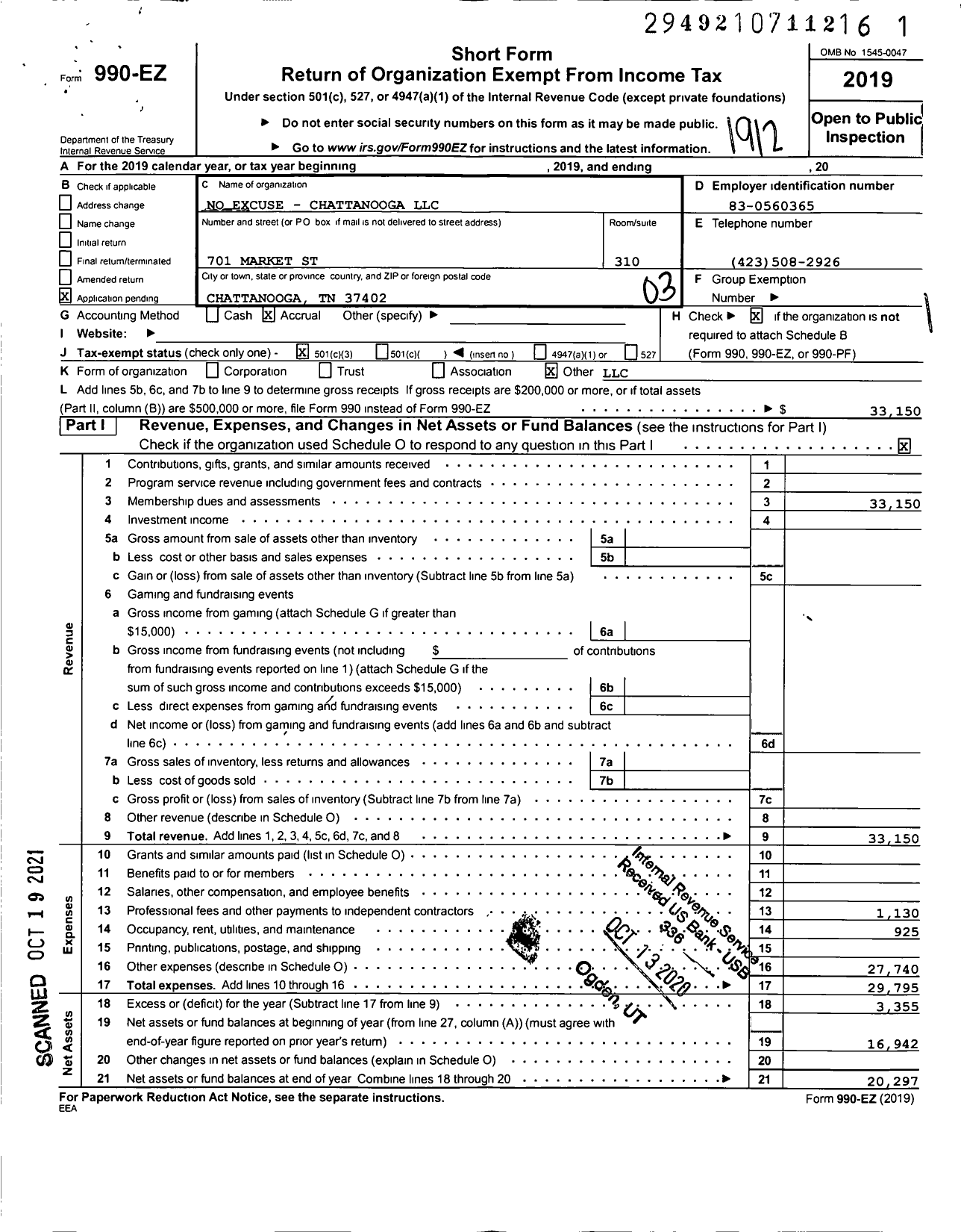 Image of first page of 2019 Form 990EZ for No Excuse - Chattanooga LLC