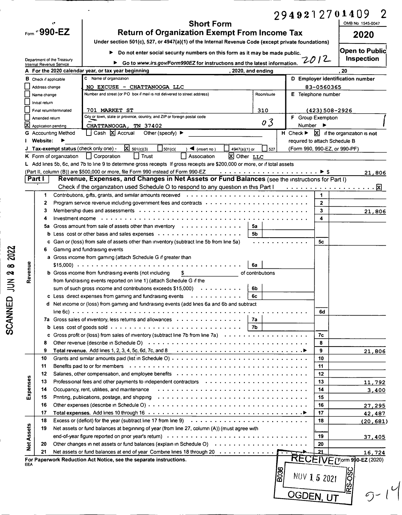 Image of first page of 2020 Form 990EZ for No Excuse - Chattanooga LLC