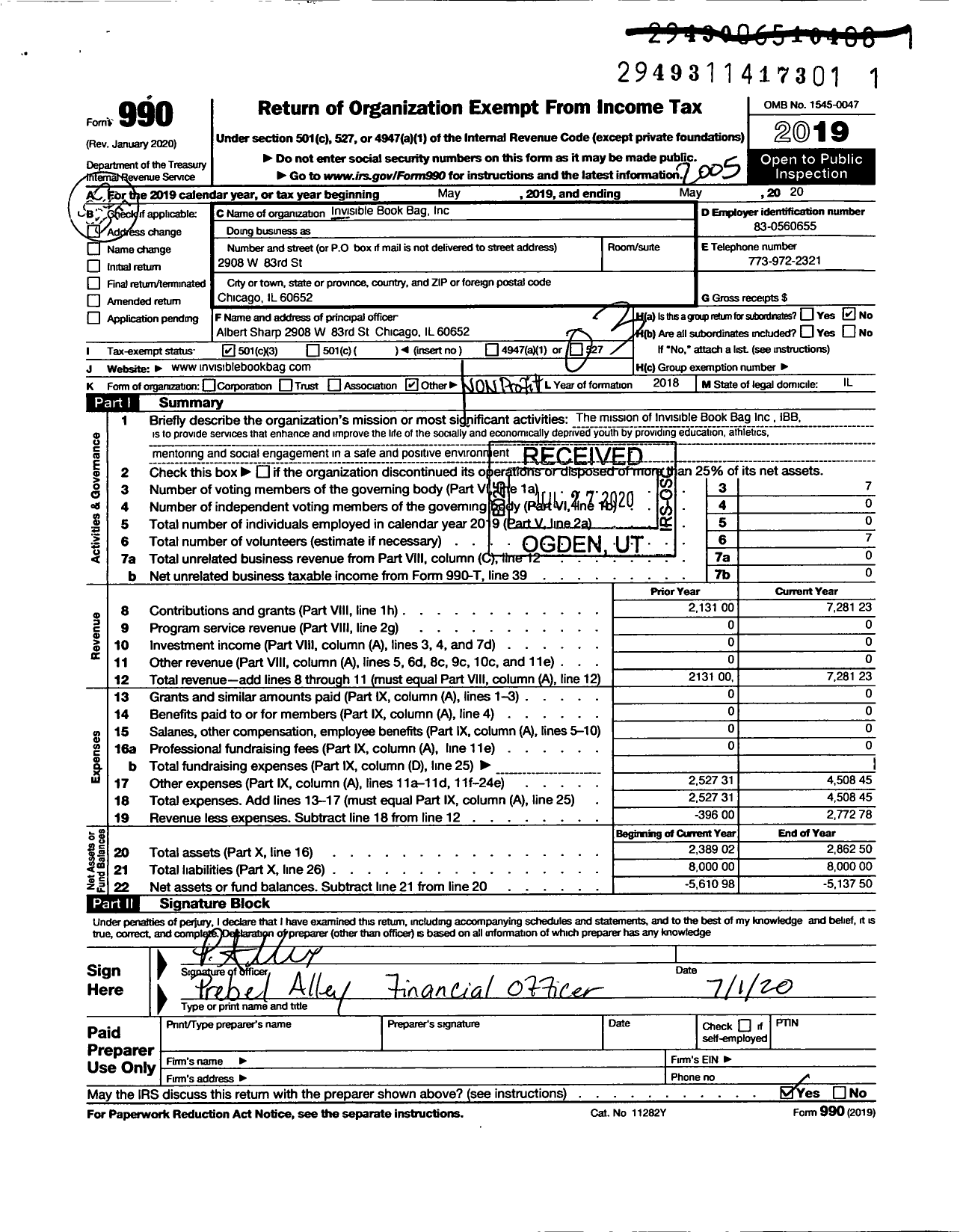 Image of first page of 2019 Form 990 for Invisible Book Bag