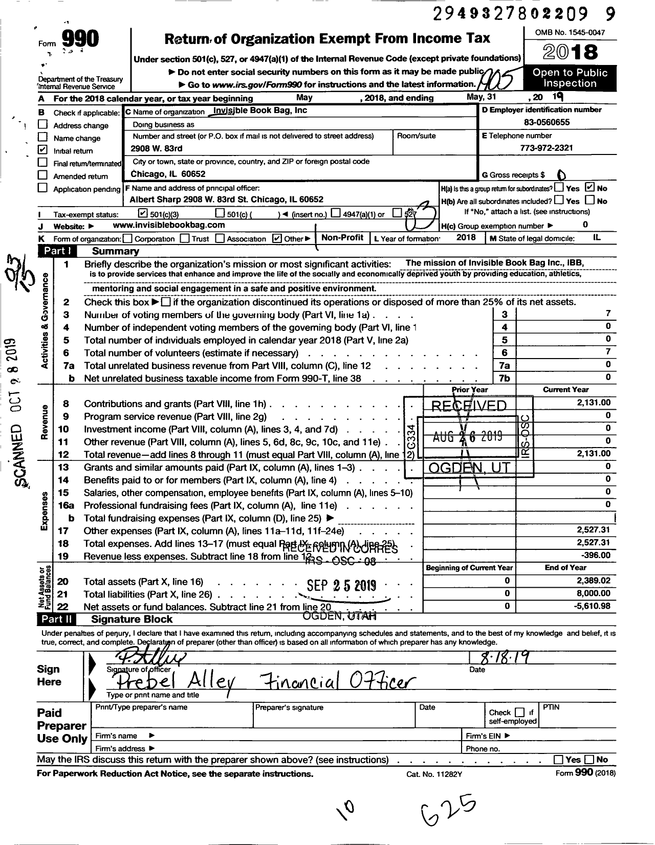 Image of first page of 2018 Form 990 for Invisible Book Bag