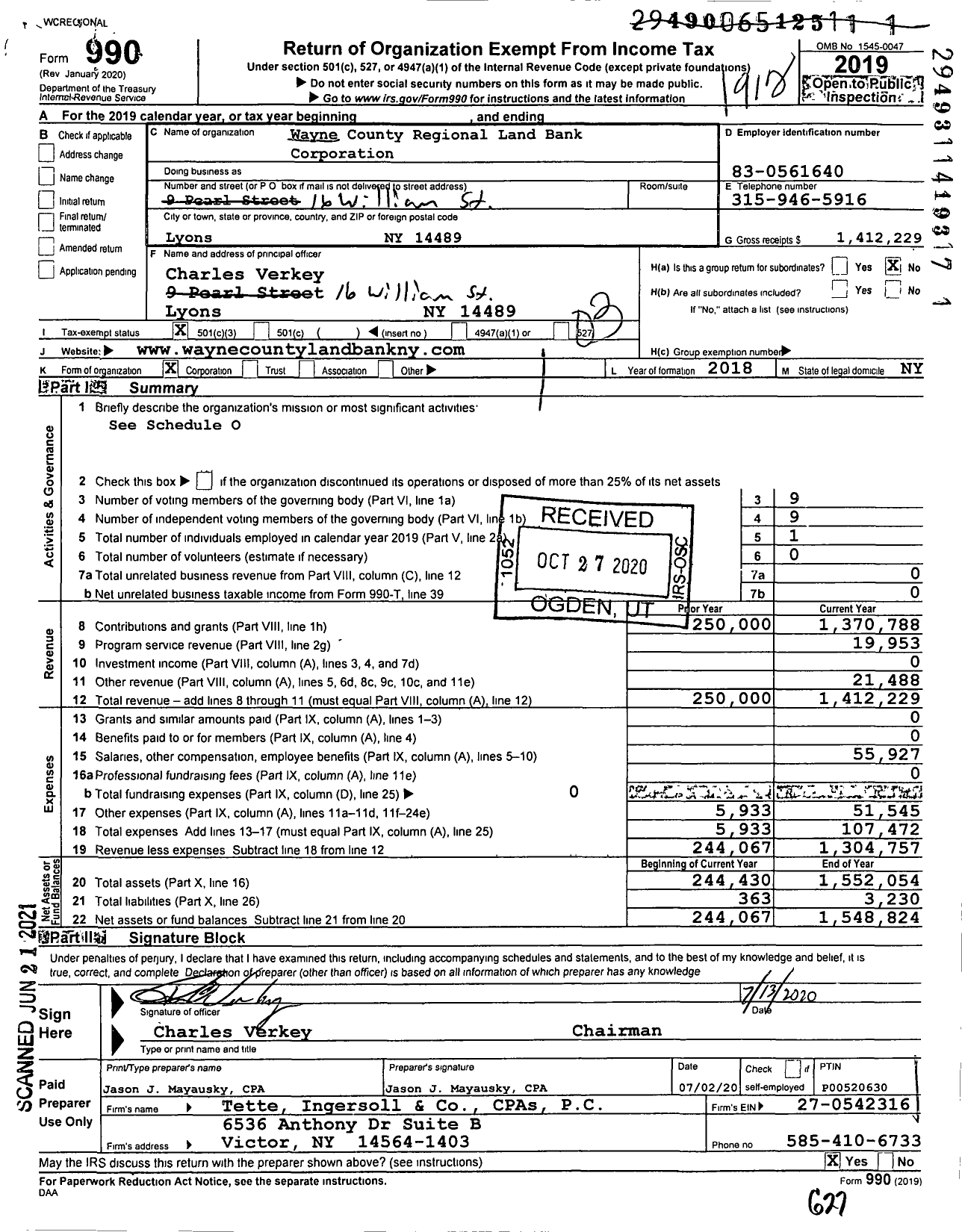 Image of first page of 2019 Form 990 for Wayne County Regional Land Bank Corporation