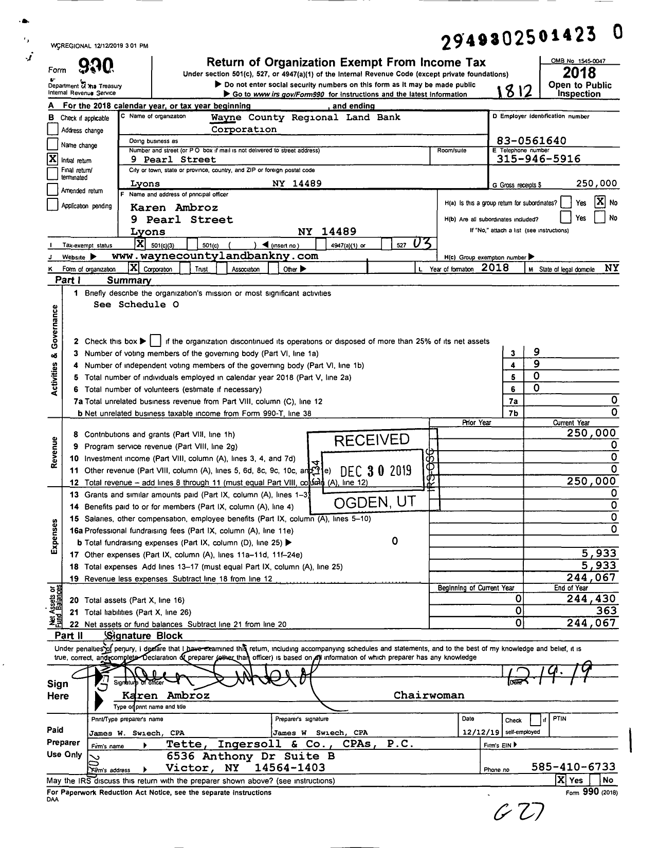 Image of first page of 2018 Form 990 for Wayne County Regional Land Bank Corporation