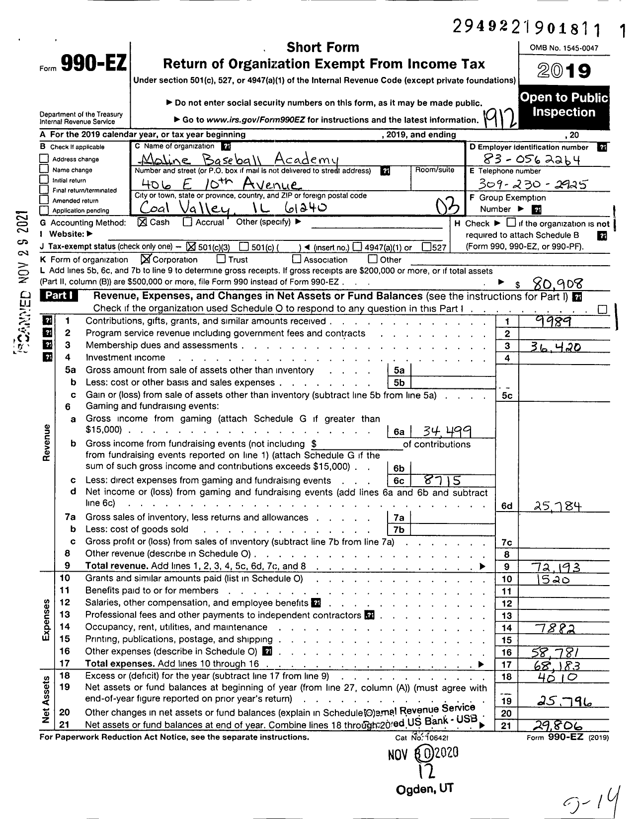 Image of first page of 2019 Form 990EZ for Moline Baseball Academy