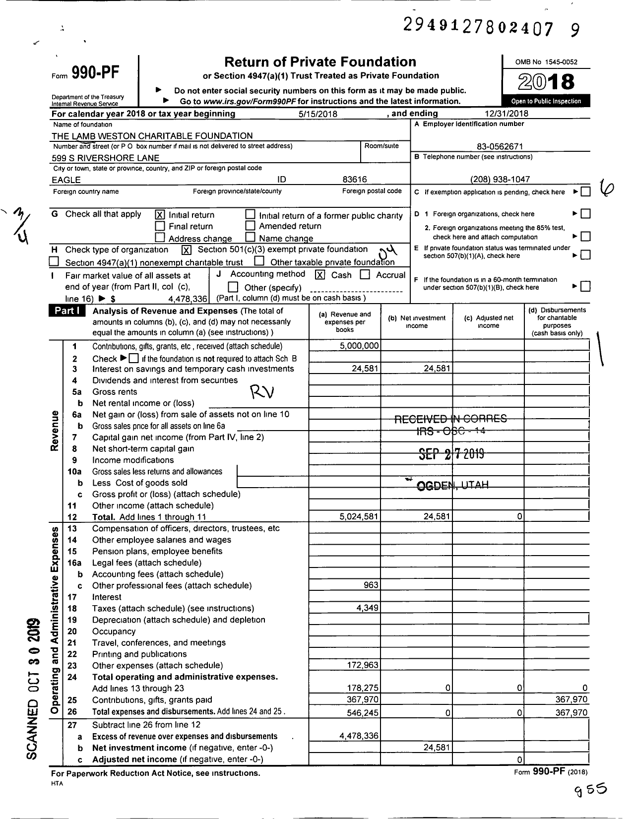 Image of first page of 2018 Form 990PF for Lamb Weston Charitable Foundation