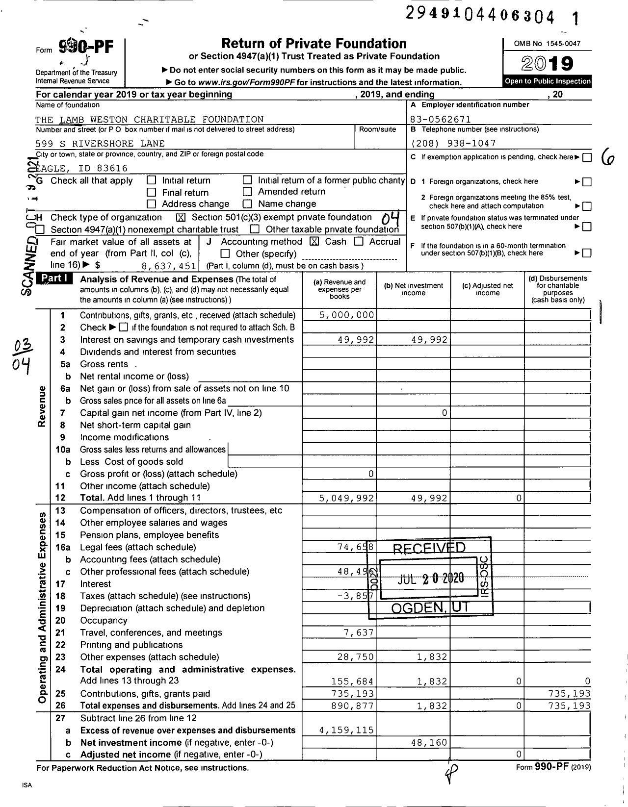 Image of first page of 2019 Form 990PF for Lamb Weston Charitable Foundation