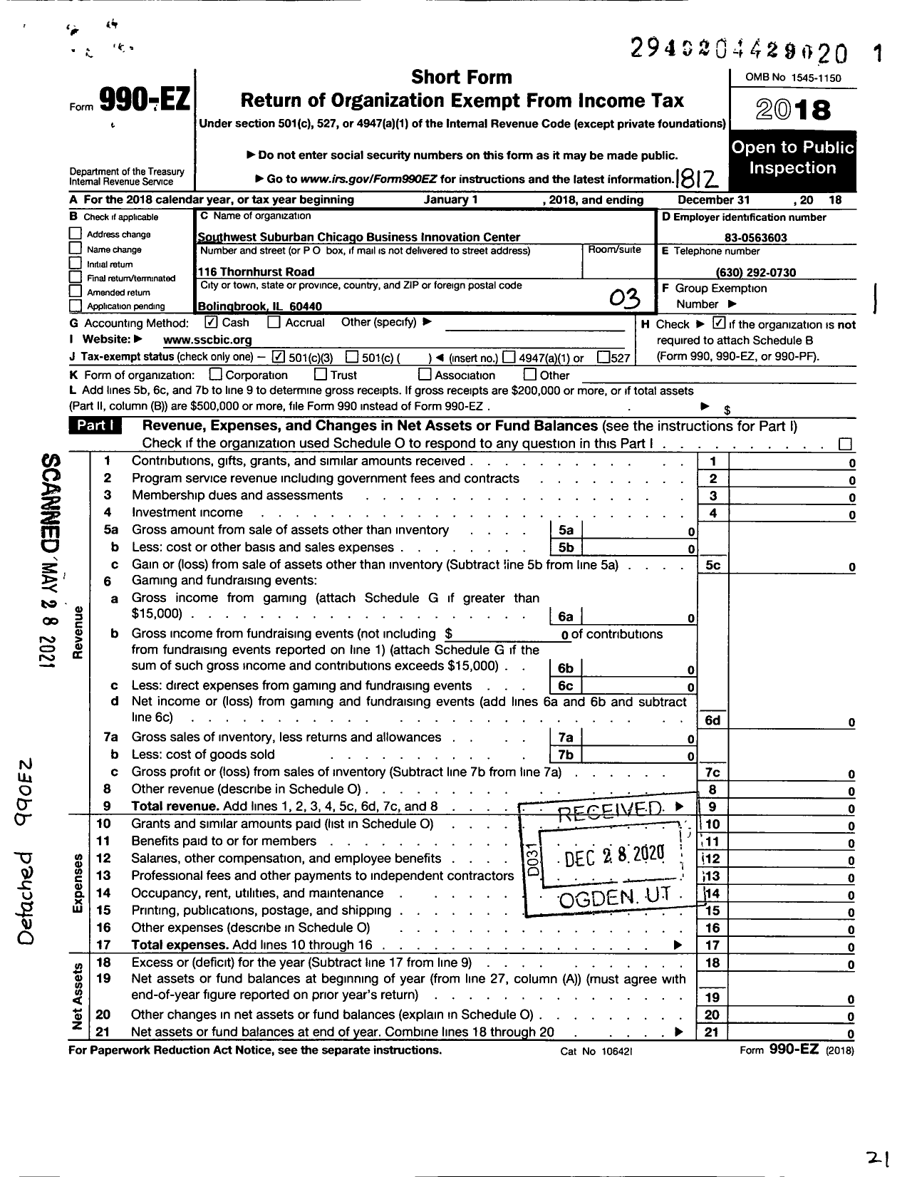 Image of first page of 2018 Form 990EZ for Southwest Suburban Chicago Business Innovation Center