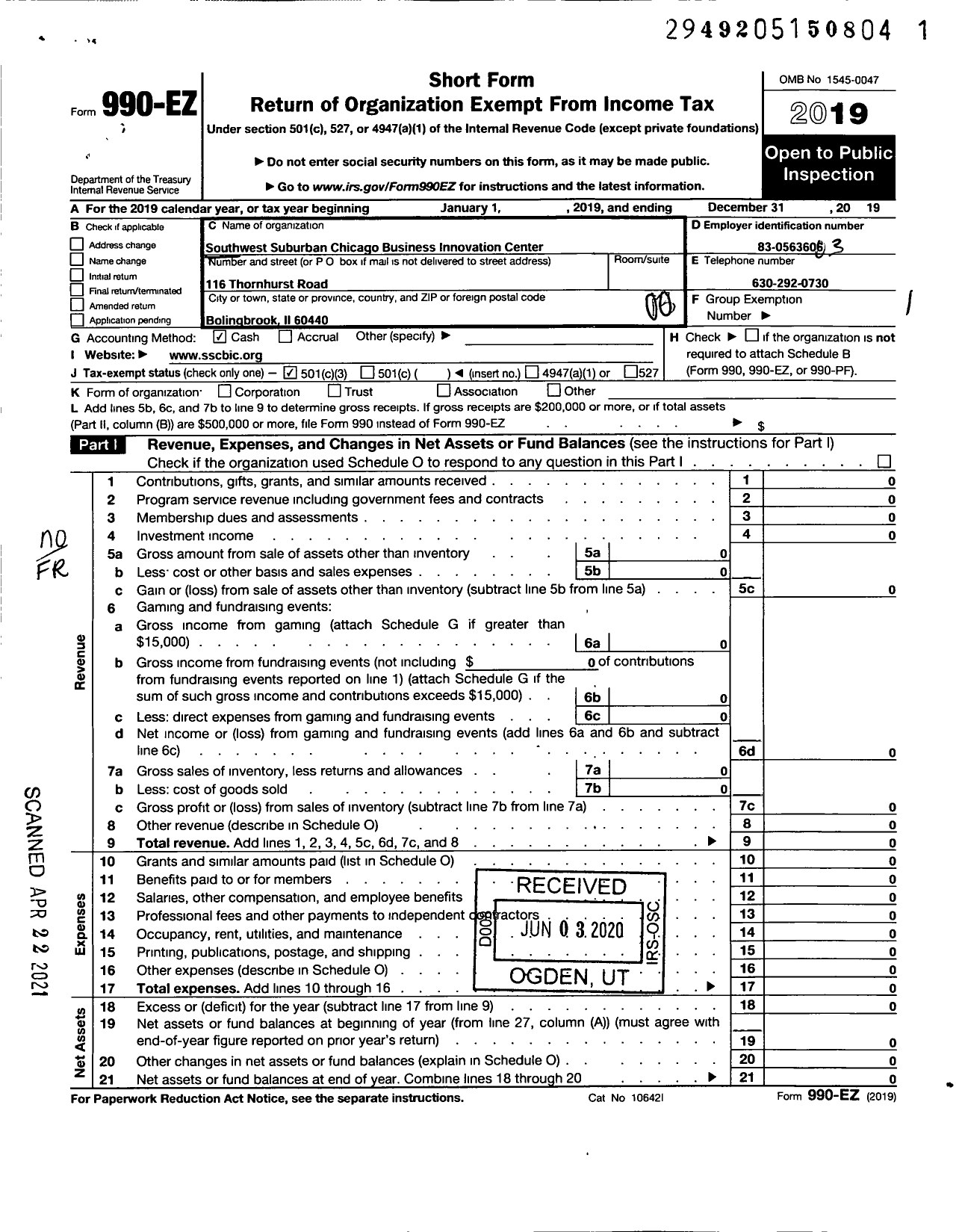 Image of first page of 2019 Form 990EO for Southwest Suburban Chicago Business Innovation Center